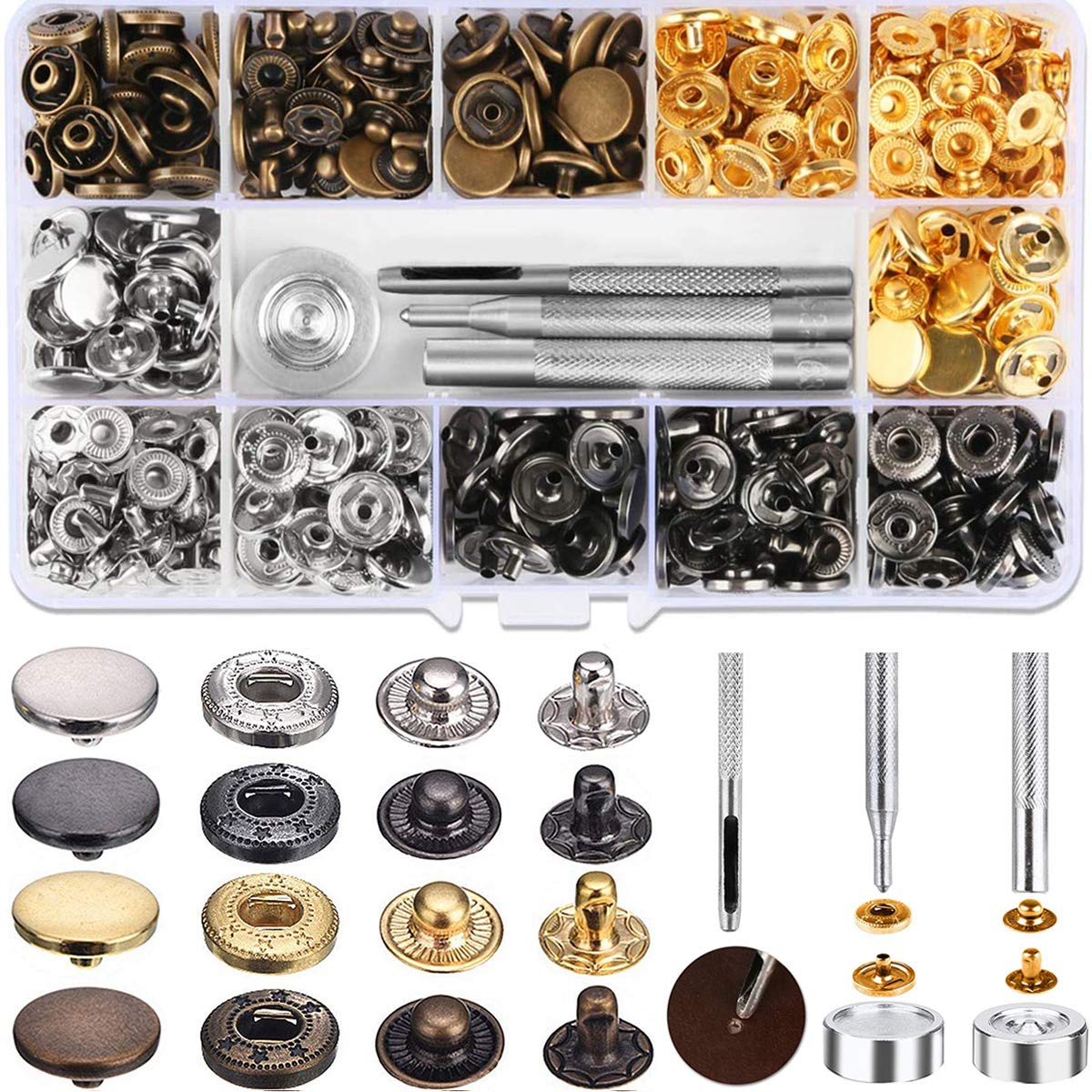 120pcs Bouton Pression Fixations Snap Fasteners Fermoirs à Bouton-pression en Cuivre Bronze pour Sac à Main de Portefeuille en C