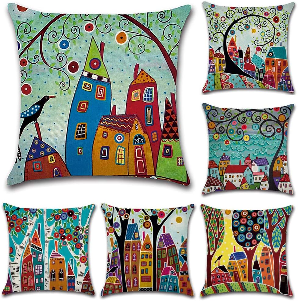 HuifengS Linen Throw Cushion Pillow Covers Square Pillowcase Rural Style Decorative for Sofas Beds Chairs Cushion Cover Set of 6, 18 x 18 Inch