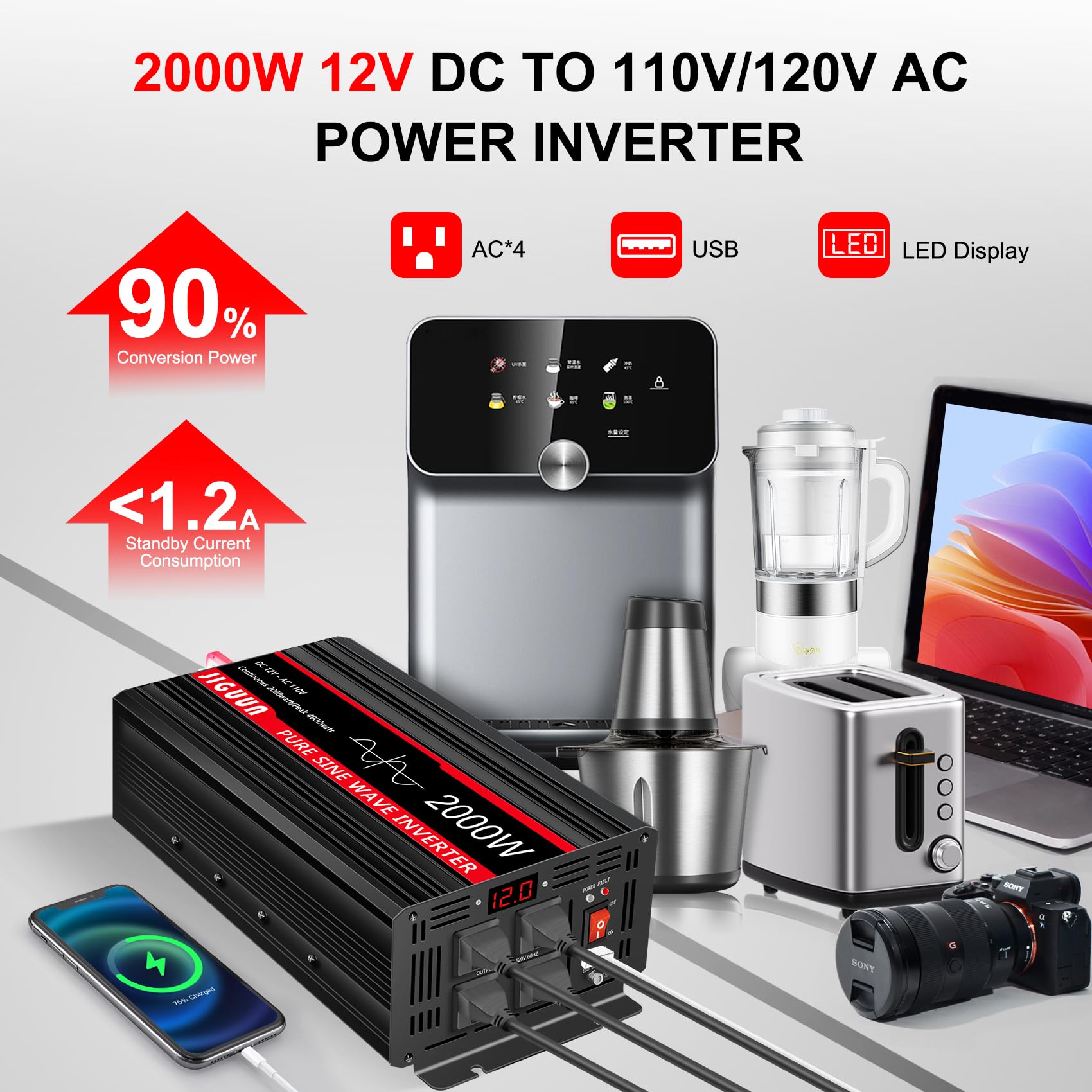 JIGUUN 2000 Watt Pure Sine Wave Power Inverter 24v DC to 110/120v AC Inverter 3 AC & USB Output, Car Converter with LCD Display for Home RV Camping Emergency…… (2000W-12VPRO)