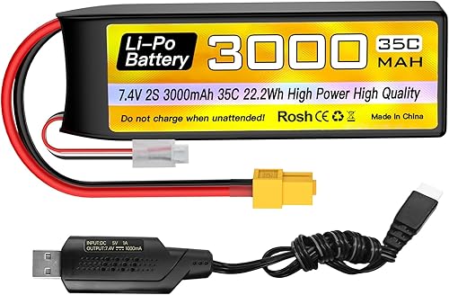 sea jump 2S Lipo Batería 7.4V 3000mAh 35C con enchufe XT60 y cable de carga USB adecuado para RC coche, camión, barco, RC Quadcopter Aircraft,