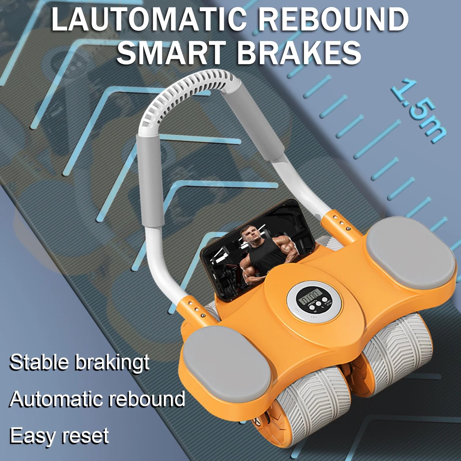 Rueda de rodillo para abdominales con alfombrilla para rodillas y temporizador, rueda abdominal doble de rebote automático, rodillo de ejercicio abdominal para abdominales con soporte para codo