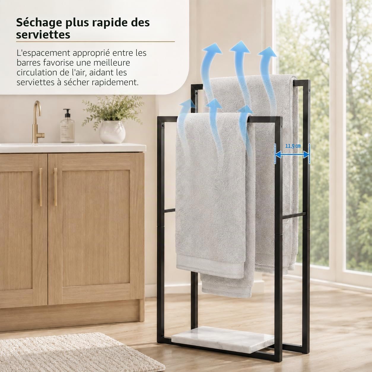 KES Porte-Serviettes sur Pied Noir, Double Porte-Serviettes Salle de Bain Porte Serviette avec Base en Marbre Barre Seche Serviette, BTH501-BK