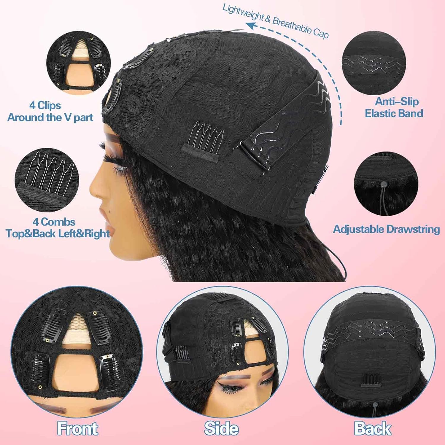 V Part Wig Human Hair Kinky Straight Wig 16 Inch Yaki Straight Glueless Wigs 250% Density Thick100% Real Raw Human Hair Up Grade U part Wigs