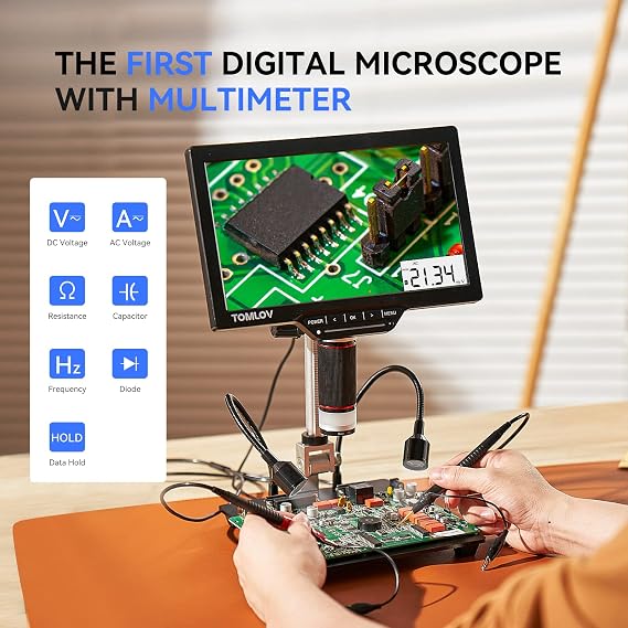 TOMLOV DM201M Digital Microscope with Multimeter Upgraded LCD Soldering Microscope with 7 Screen HDMI Digital Microscope for Electronic Repair 16MP Coin Microscope for Camera Video PC 32G