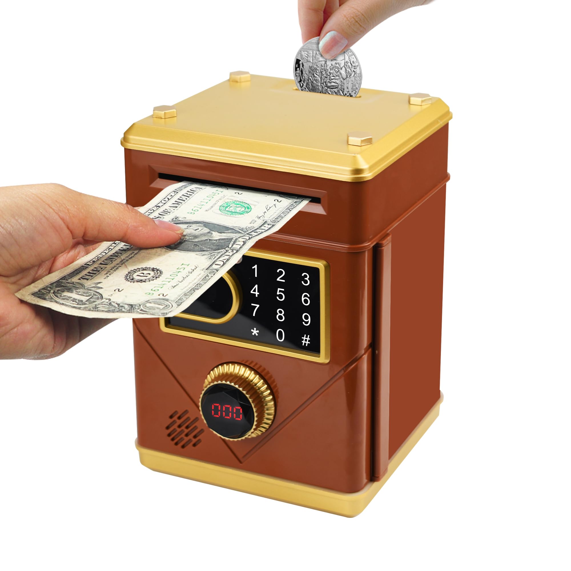 Touch Screen Piggy Bank Electronic Password Piggy Bank for Kids, Music Piggy Bank Counting Money Bank Coin Bank ATM Banks for Boys and Girls (Brown)