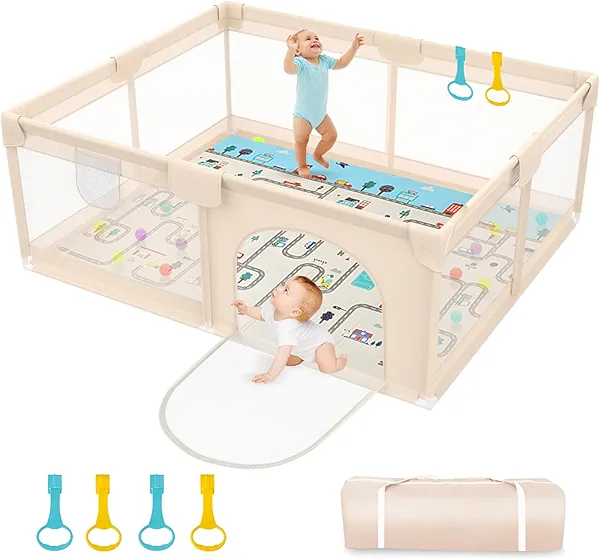 Abdtech Baby Playpen with Mat 79x71inch - Extra Large Play Pen for Babies and Toddlers Indoor & Outdoor Baby Playard with Soft Breathable Mesh Cover - Sturdy Foam Infant Gate Playpen(Apricot)