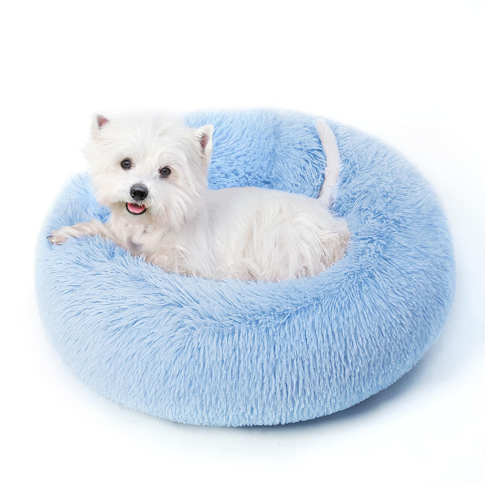 Calming Round Dog Bed & Cat Bed with Anti-Slip Bottom, Medium Size Washable Anti-Anxiety Donut Dog Beds for Small Dogs & Cats, Fluffy Plush Soft Dog Bed(24 Inch, Light Blue) โ image 1