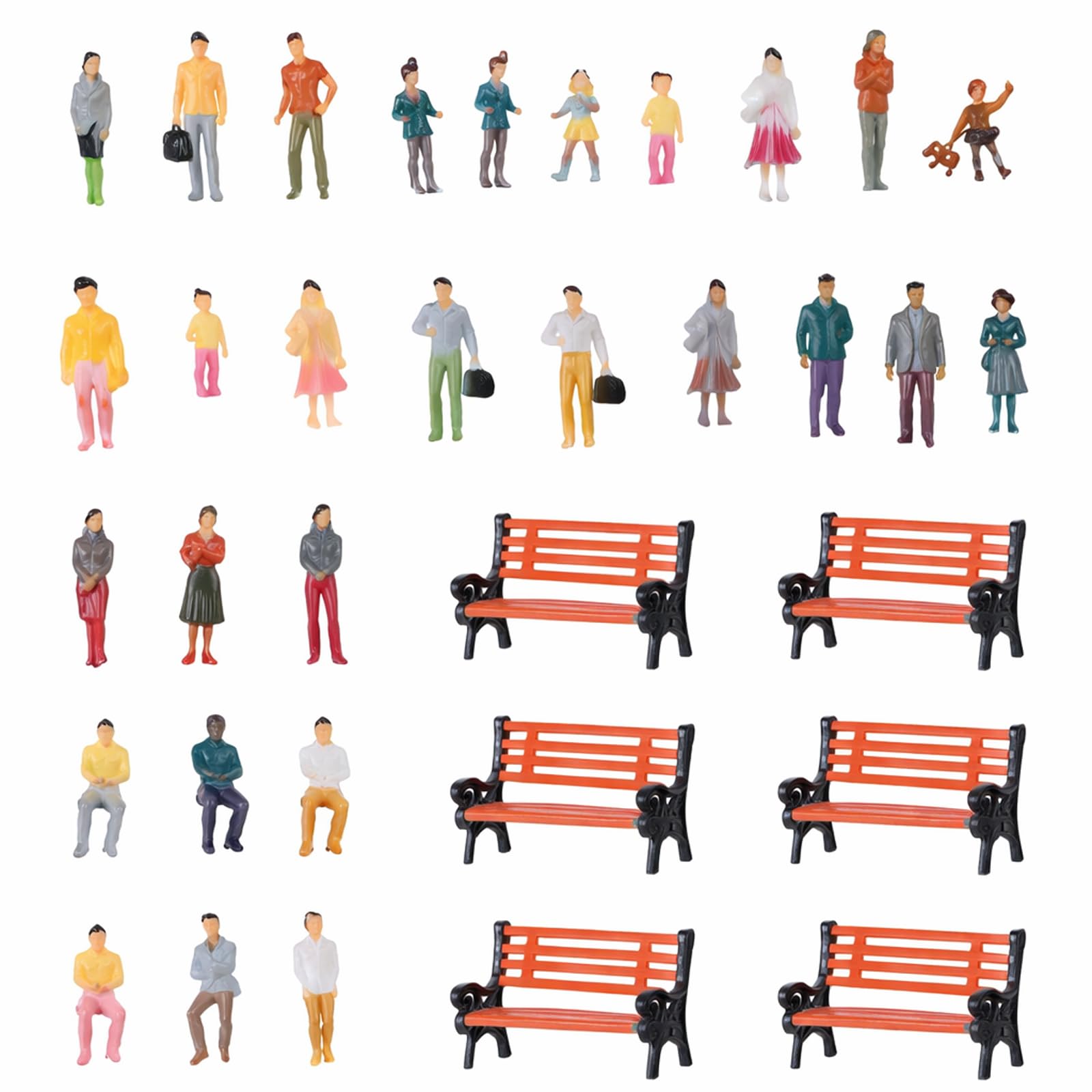 Sibba 100 Mini People Figurines and 6 Bench Set, 1: 100 Scale Little People Toys Tiny Model Seated and Standing Passengers for Miniature Scenes Model Train Railway Layout