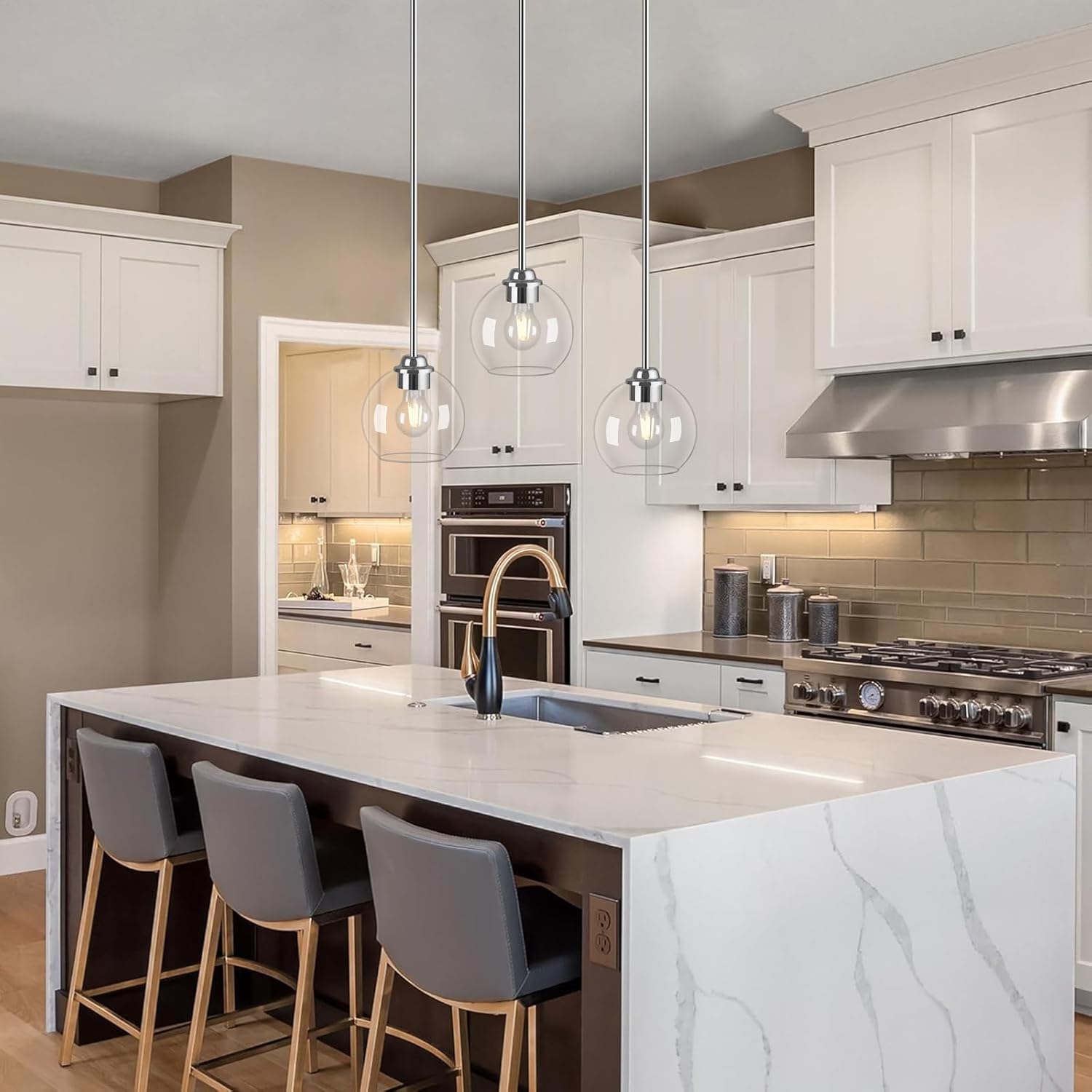 Modern Pendant Light Fixtures 2 Pack, Chrome Globe Pendant Lights with Clear Glass Shade, Pendant Lights for Kitchen Island, Hanging Lights Over Island