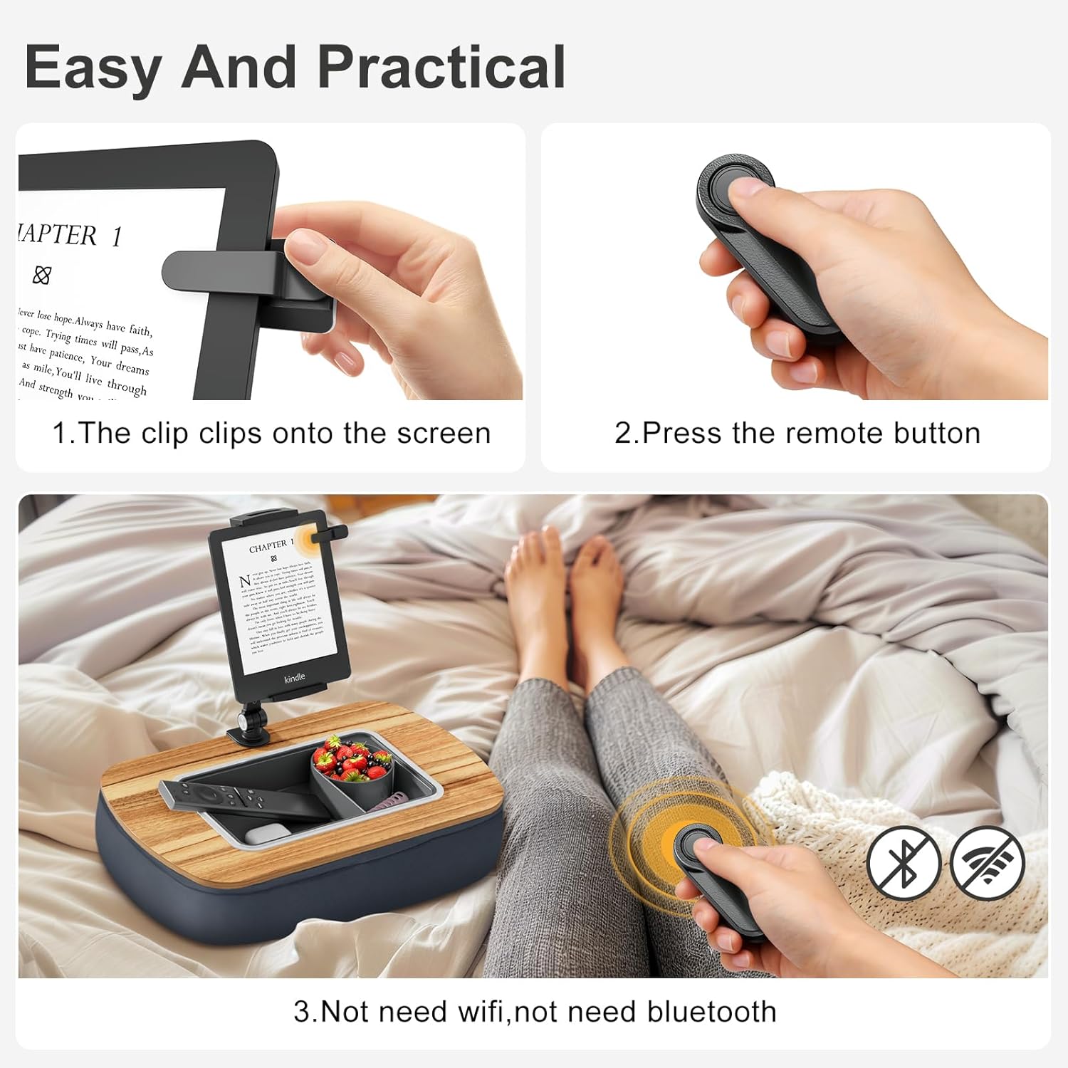 ERGONOV Lap Kindle Pillow Stand with Remote Page Turner,Adjustable iPad Holder with Snack Bowl,360° Rotating Clip for 4.7-13" Kindle,Phone,Tablet.Gray