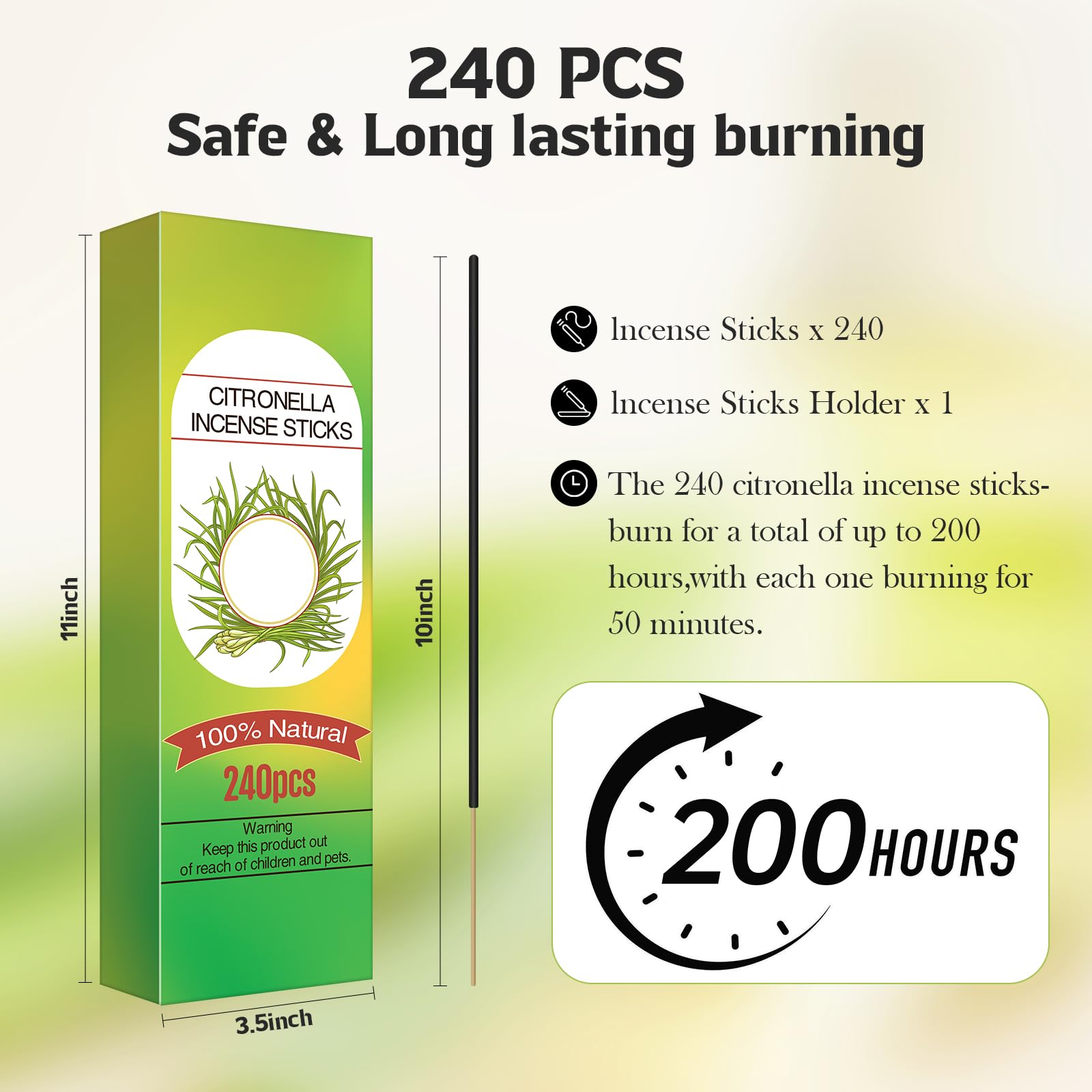 240 Pezzi Incenso Citronella, 200 ore di autonomia Incensi Bastoncini Naturali con porta incenso, Bastoncini di Incenso alla Citronella per Giardino, Barbecue, Campeggio, Picnic