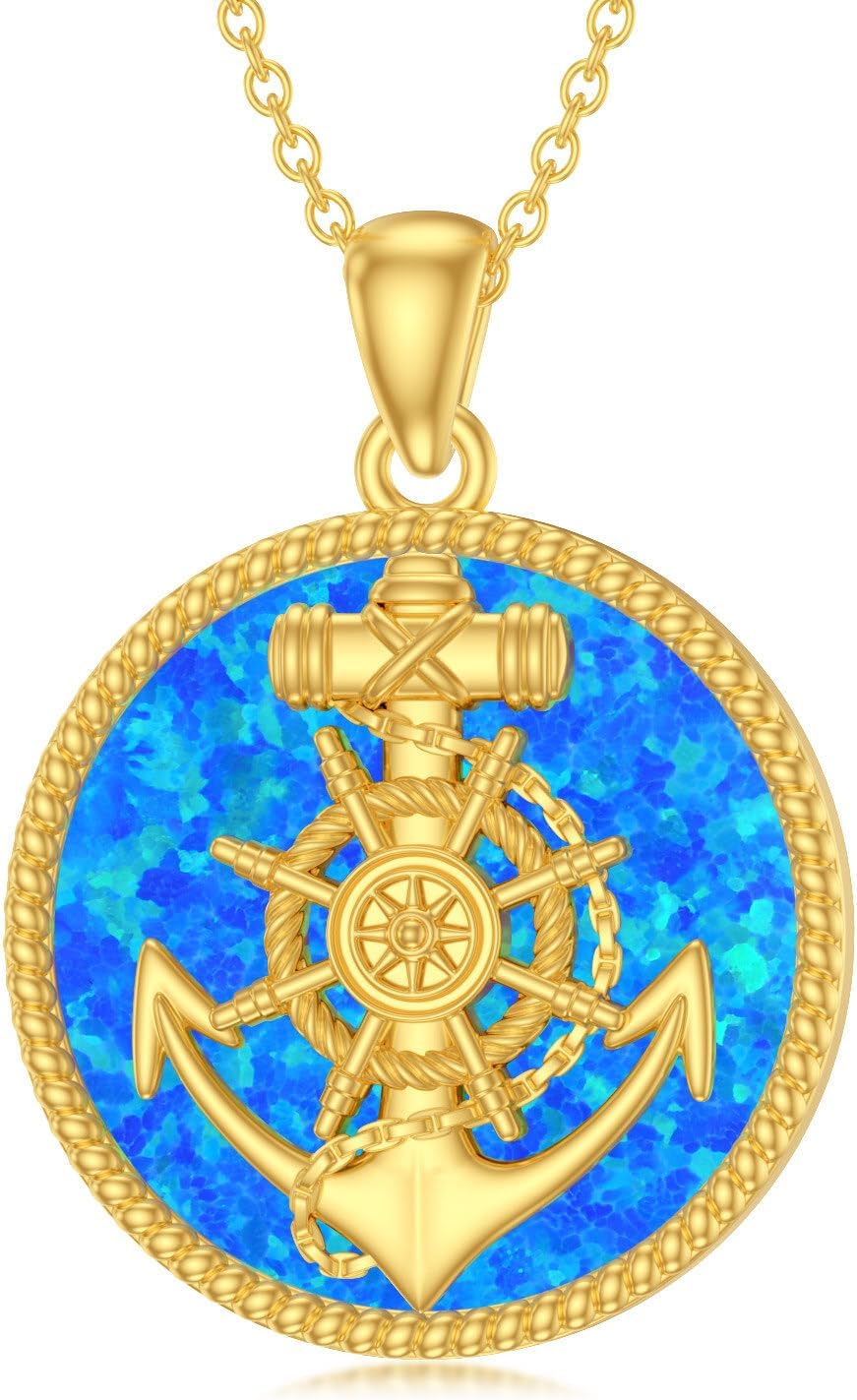 Anchor Necklaces for Women 14K Yellow Gold Plated Silver Opal Anchor Pendant Sailor Necklace Nautical Jewelry,16''-18''