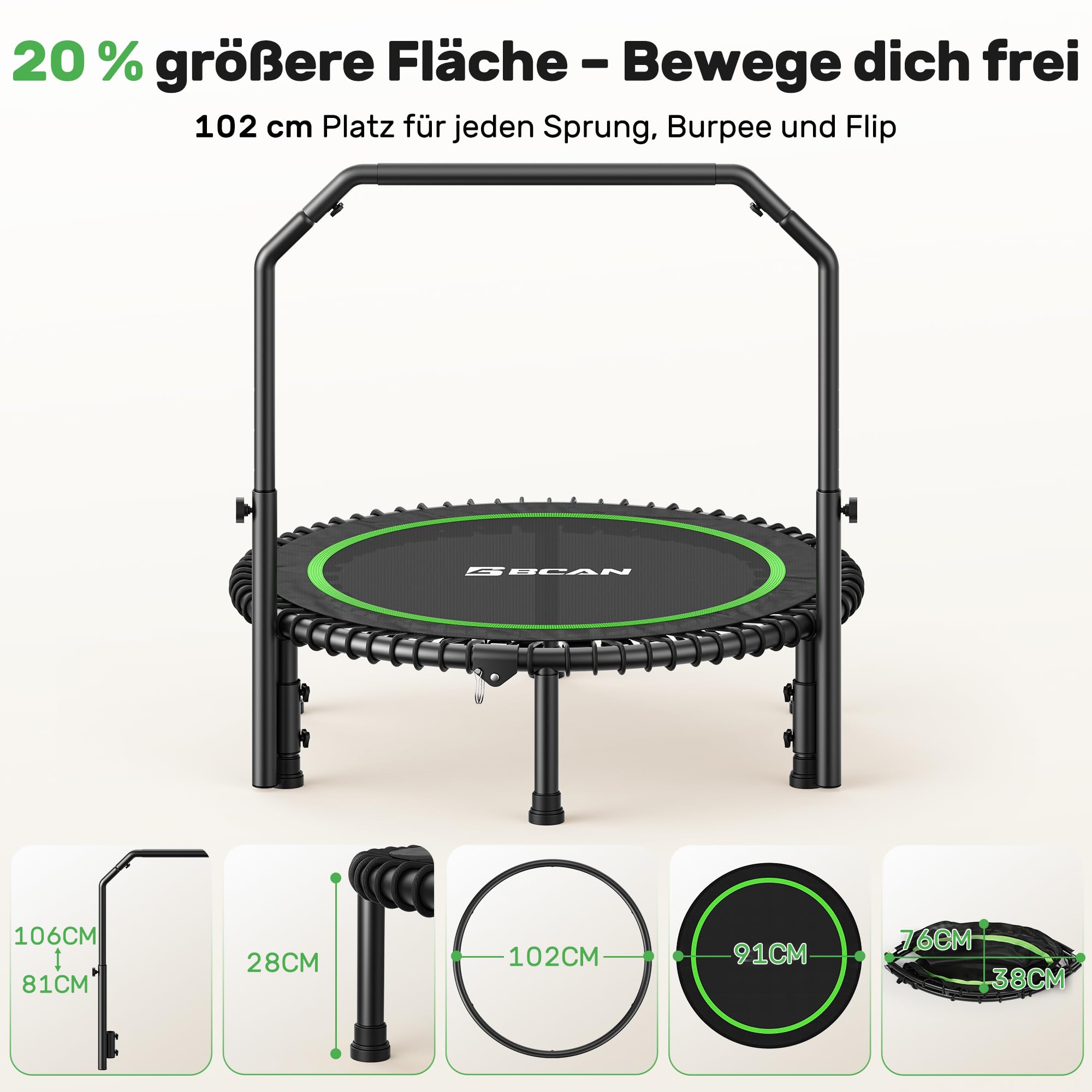 Trampolina BCAN 102/122 cm dla dorosłych, udźwig 204/250 kg, linki bungee, regulowany uchwyt, stabilna, cicha, do użytku wewnątrz/na zewnątrz, trening całego ciała, relaks w domu