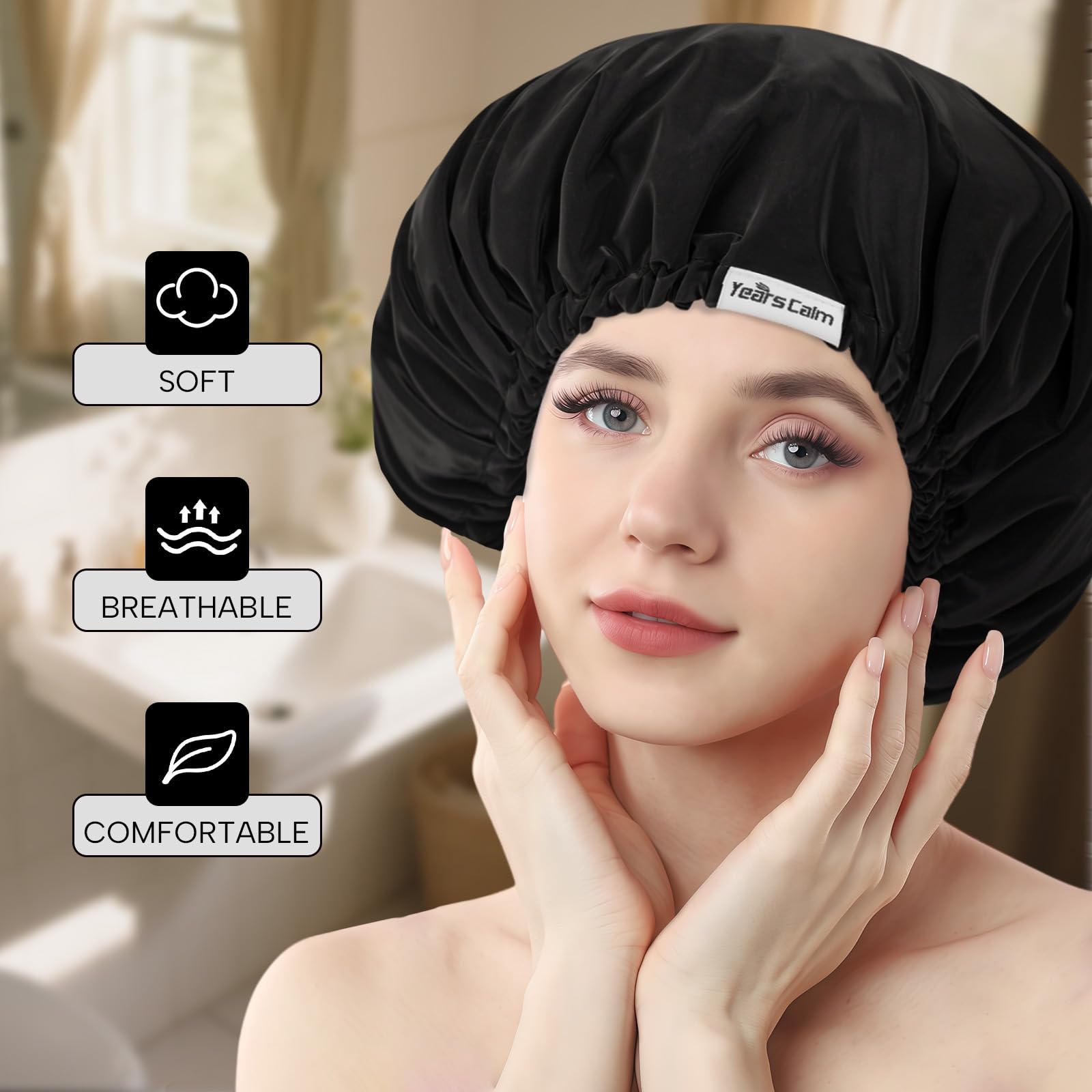 Years calm Bonnet de douche réutilisable, imperméable, double couche pour femme, avec bande élastique, idéal pour la douche, le spa, les voyages et le nettoyage (noir, taille unique)