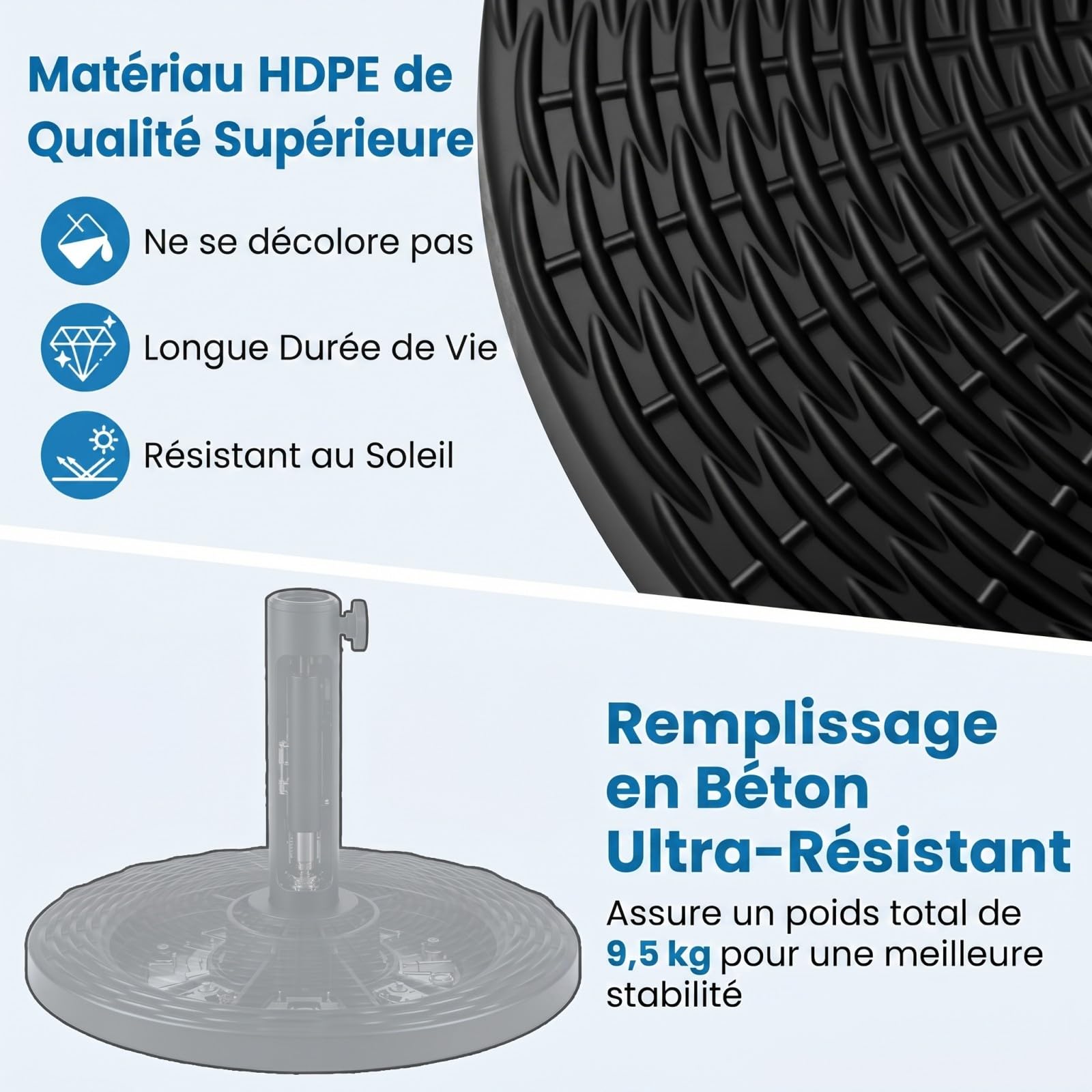 COSTWAY Pied de Parasol en Béton 9,5 kg pour Mât ∅38/48 mm