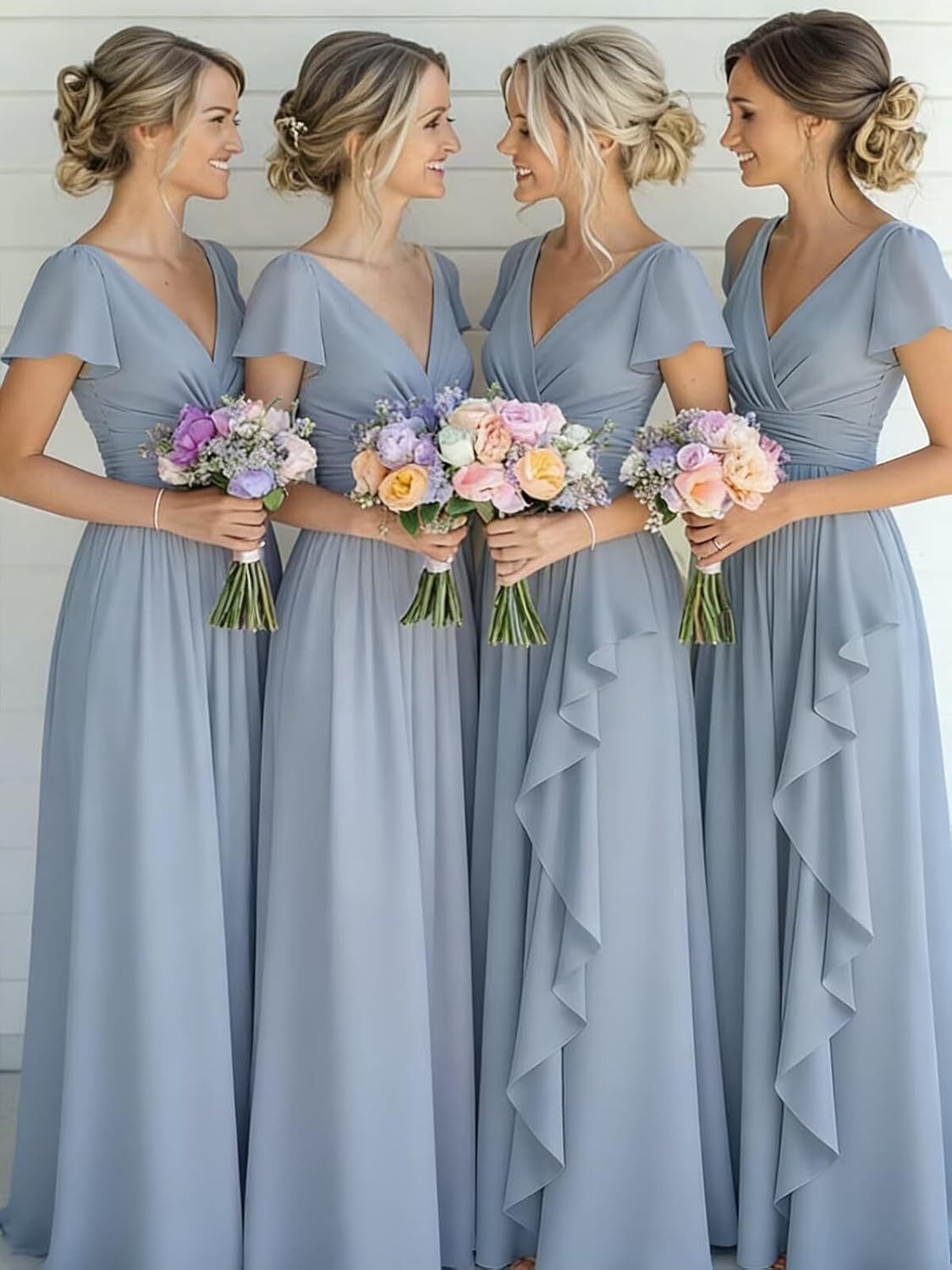 Bridesmaid Dresses with Sleeves Pleated Long Chiffon Ruffle Evening Dresses for Women