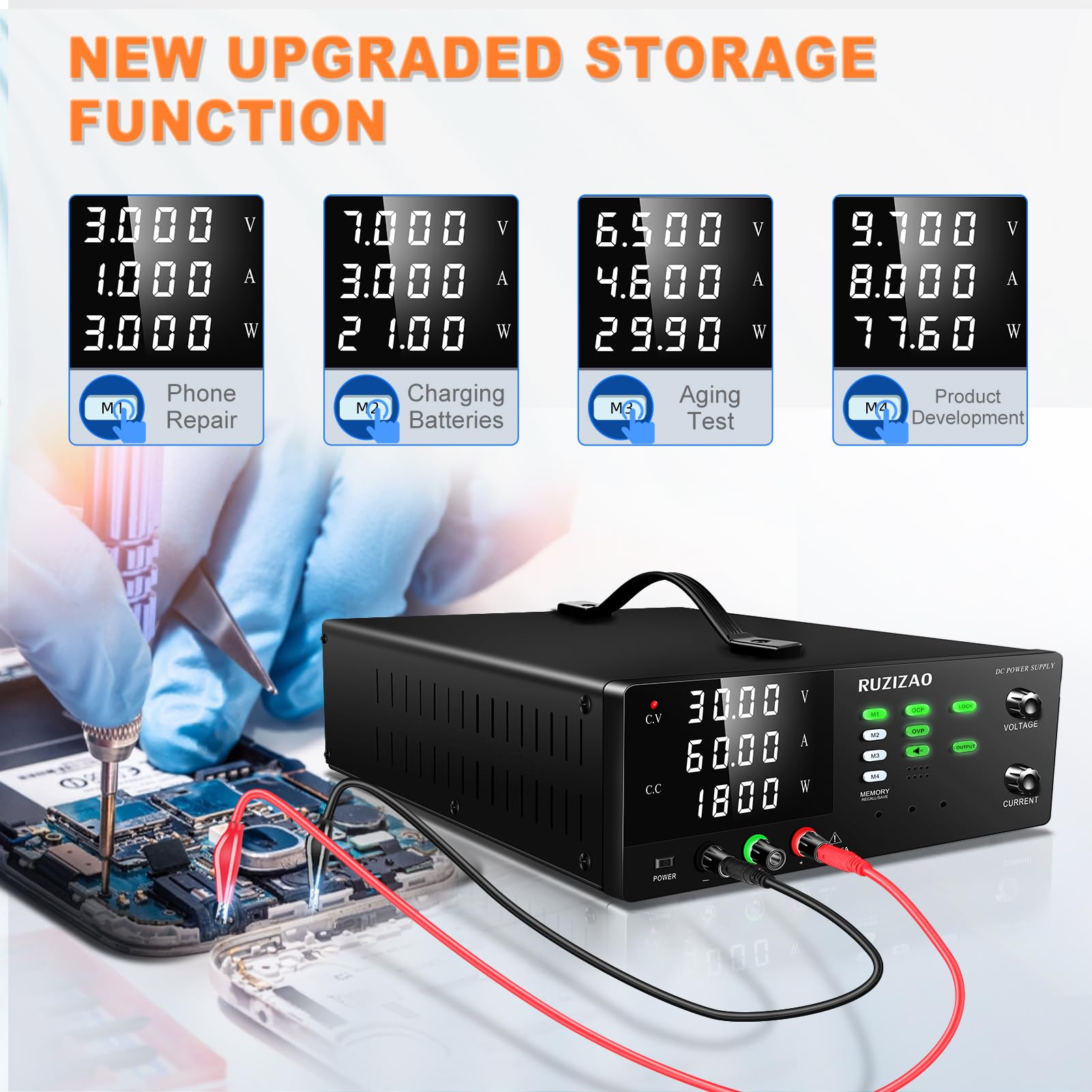 Labornetzteil, 0-30V 0-60A 1800W Hochleistungs-Labornetzgerät, DC Regelbar Netzgerät mit Ausgangsschalter, OCP und OVP, Memory-Funktion, Encoderregelung, 4-stellige LED-Anzeige, Lockout-Taste