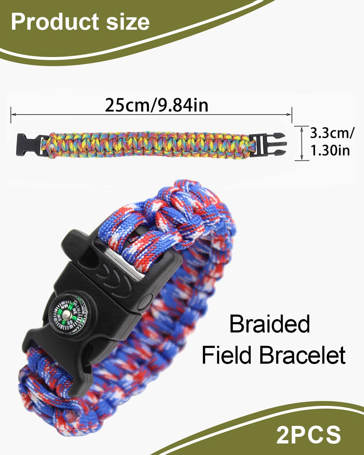 2 pezzi Bracciale in corda di paracadute intrecciata,bracciale di sopravvivenza all'aperto,bracciale in corda di paracadute multiuso,fischietto,bussola(come mostrato nella figura 2)