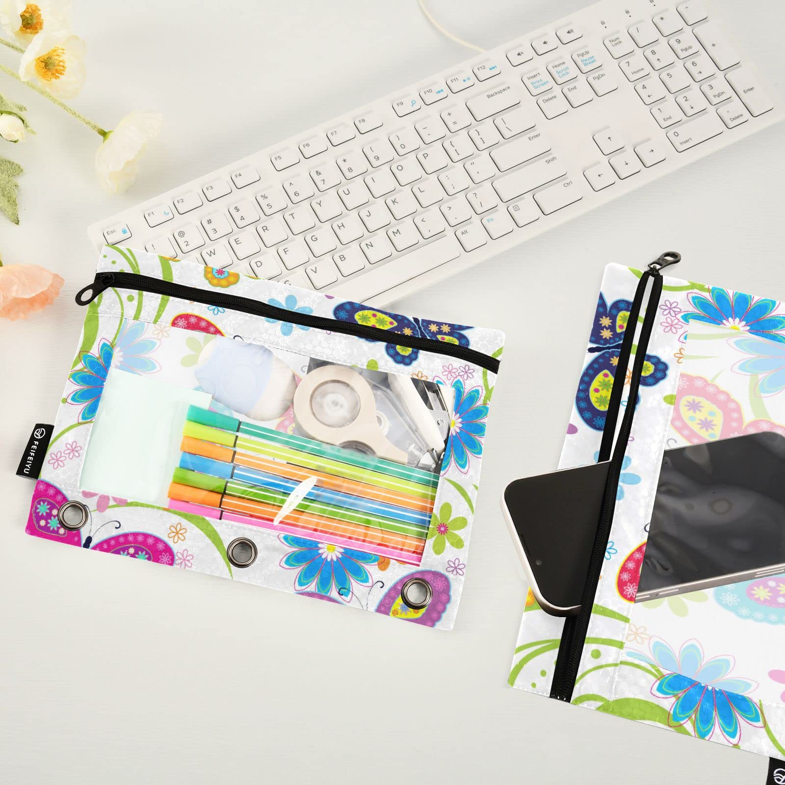 Estuche para lápices con 3 bolsillos para carpetas de anillos, paquete de 2 bolsas con cremallera, mariposas de colores, flores, carpeta transparente de 3 agujeros para carpetas de 3 anillos