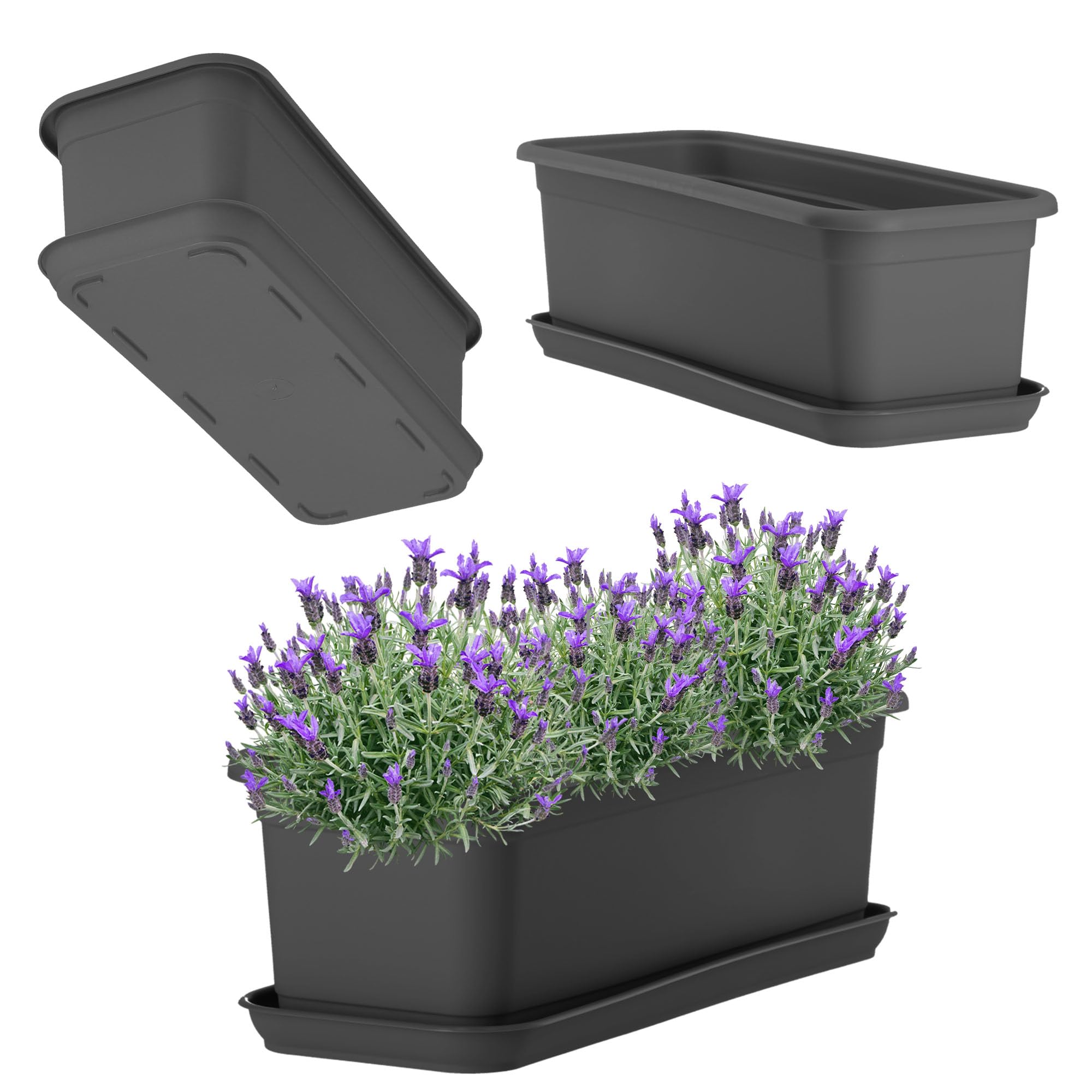 KADAX Fioriera da 40 cm, antracite, con sottovaso, in plastica, per interni ed esterni, per balcone, terrazza, davanzale