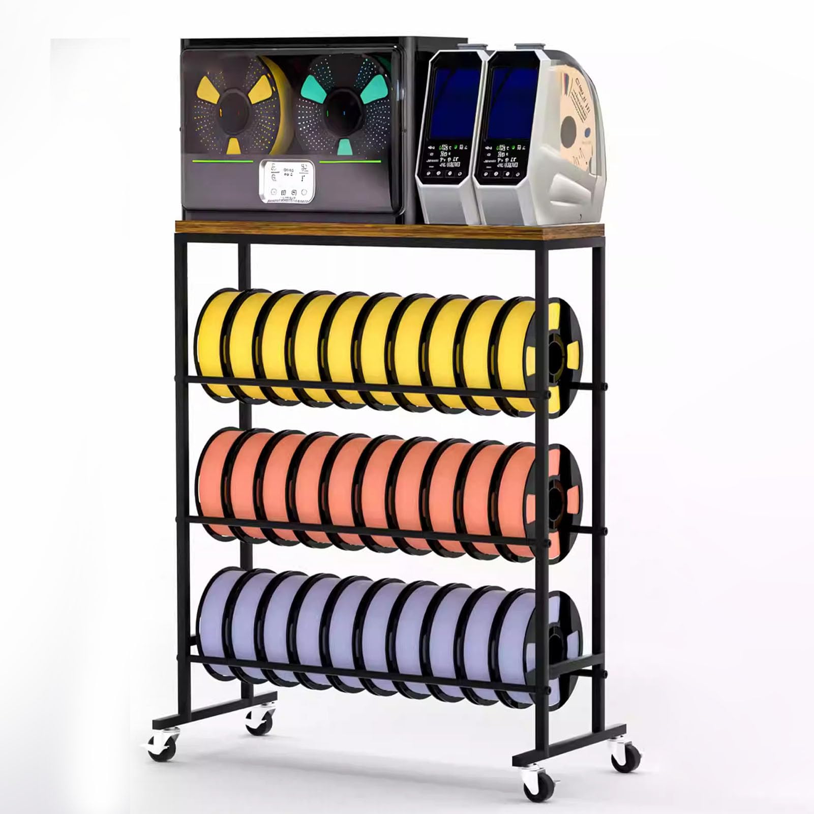 SIXRUN 3D-Drucker-Filamentregal, Filamentspulenhalter aus Legiertem Stahl und Buchenholz, 4-stufiges, Bewegliches, Platzsparendes Aufbewahrungsregal für die Desktop-Organisation Im Studio, in der
