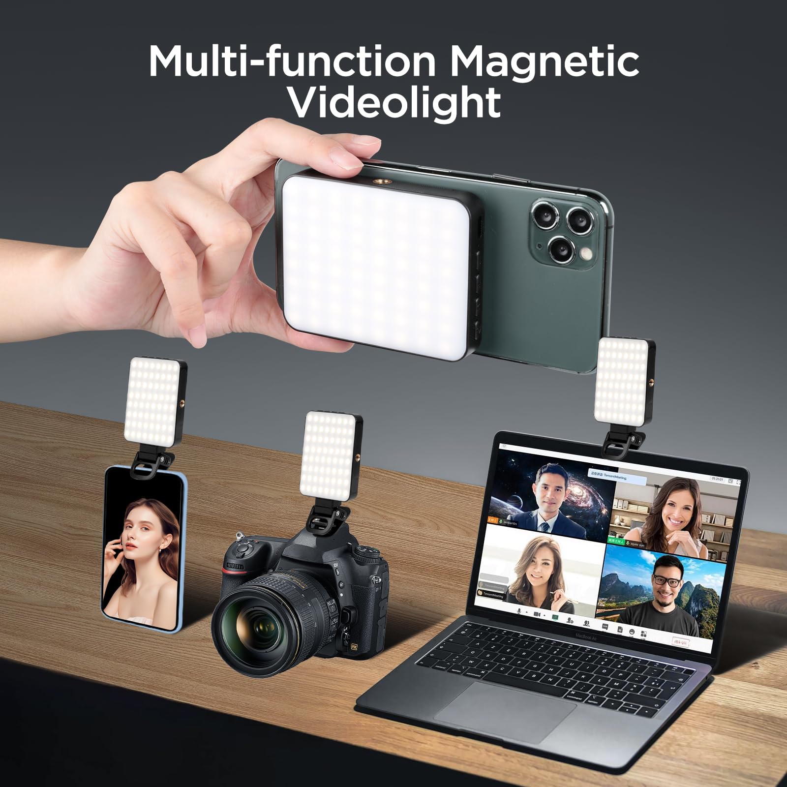 AiQInu Luce per Video 128 LED, 3 modalità di luce video, batterie integrate da 2000Mah, CRI 95+, luce selfie telefono a morsetto, luce per videoconferenza per iPhone, iPad, laptop