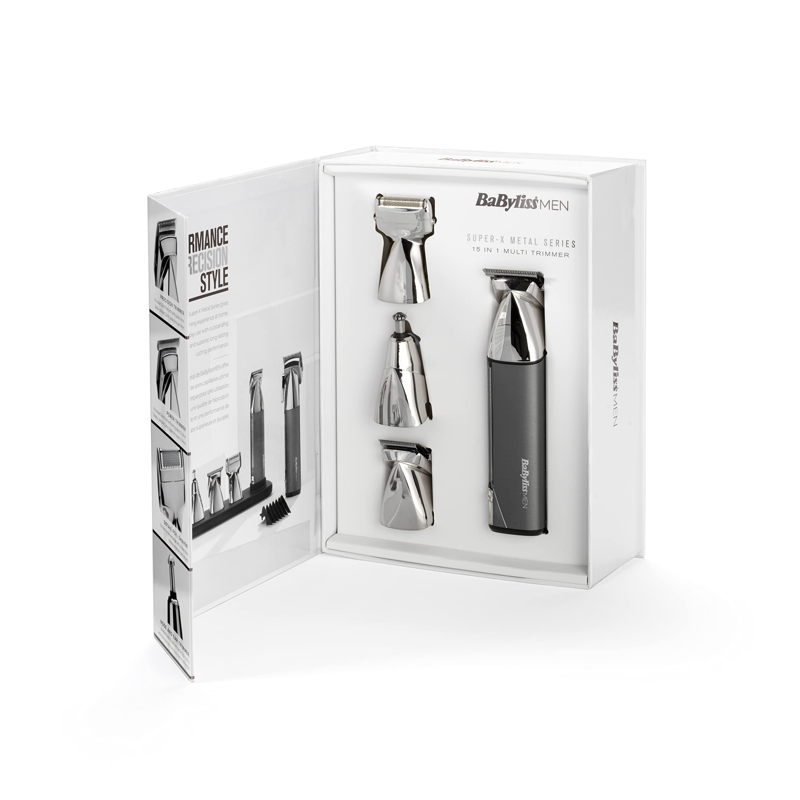BaByliss Super-X Metal 15-in-1- Multi-Trimmer – Kabelloses Grooming-Kit inklusive Barttrimmer und Nasenhaarschneider, wasserdicht, Geschenk für Männer, Silber/Grau, MT996E