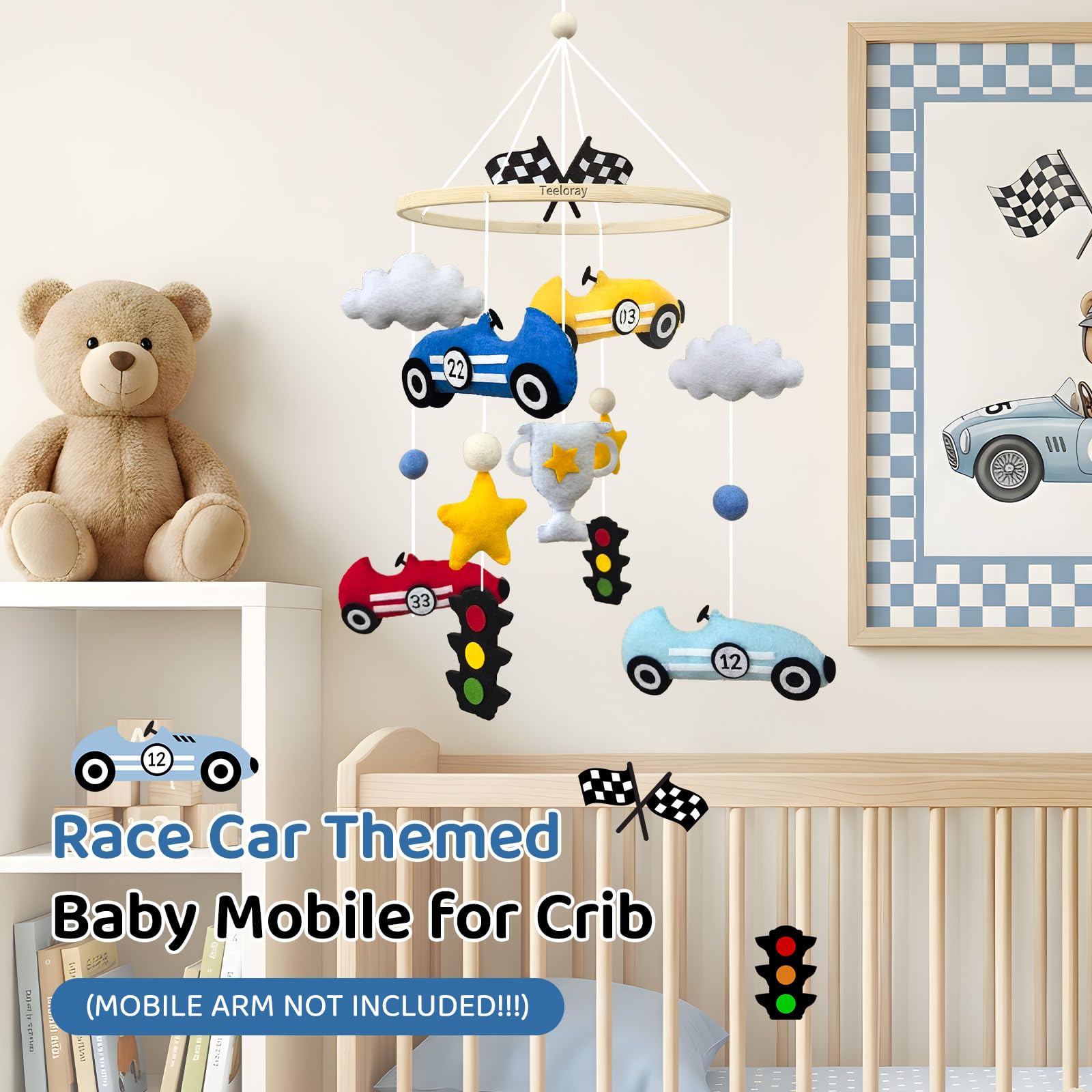 Mobile pour bébé pour berceau, voiture de course, berceau pour garçons, fait à la main, décoration de chambre d'enfant, drapeau de course à carreaux noir et blanc, décoration à suspendre