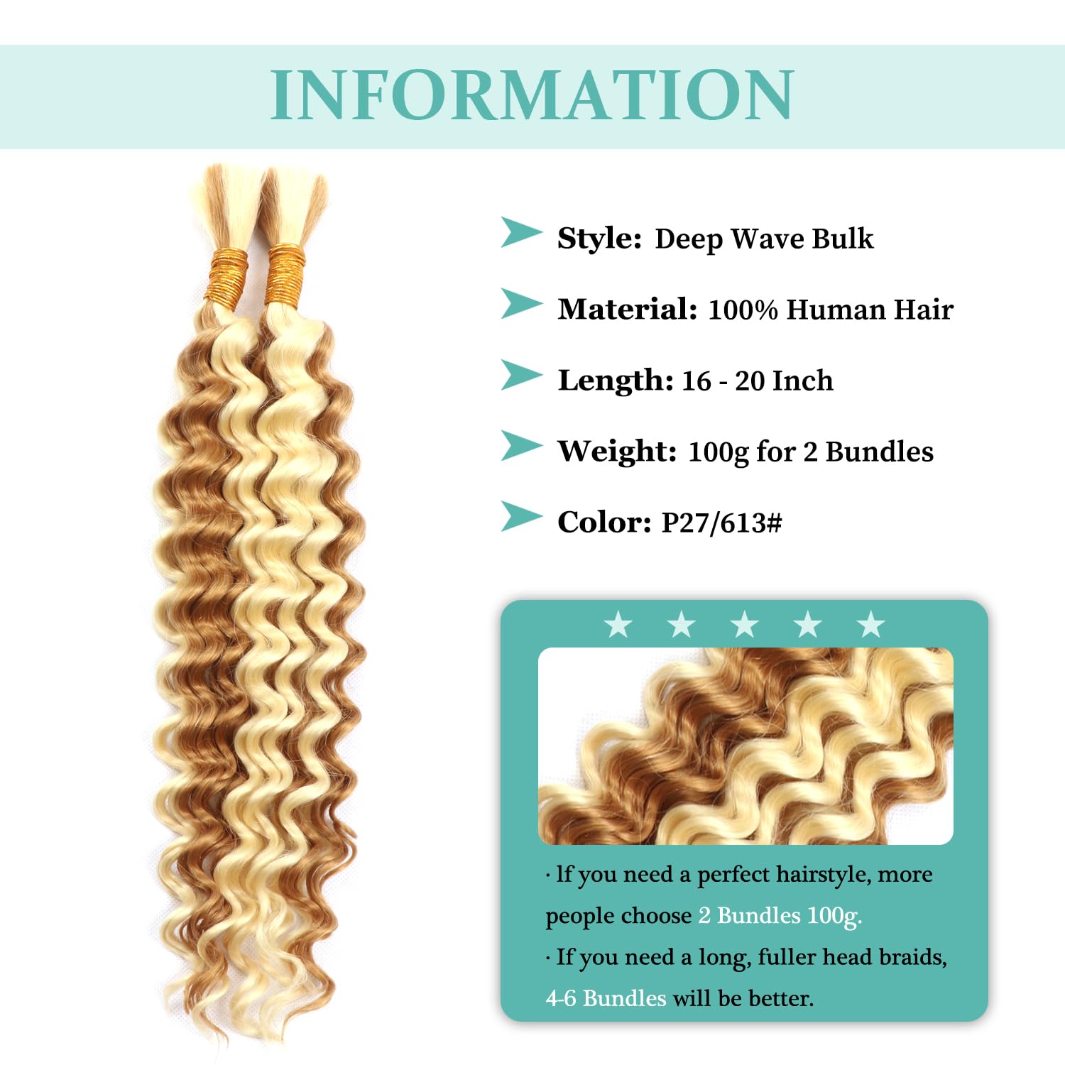 16 Inch Human Braiding Hair for Boho Braids Human Hair Extensions 100g No Weft Wet And Wavy Curly Deep Wave Bulk Human Hair for Knotless Braids (P27/613# - Image 3