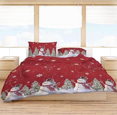 Miniatura 3 de Juego de funda de edredón tamaño California King, juego de funda de edredón de Navidad de 4 piezas de muñeco de nieve rojo, juegos de ropa de cama