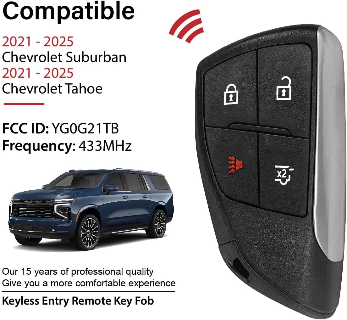 Replacement for 2021 2022 2023 2024 2025 Chevrolet Suburban Tahoe Key Fob Remote Control YG0G21TB 4 Buttons 433MHz