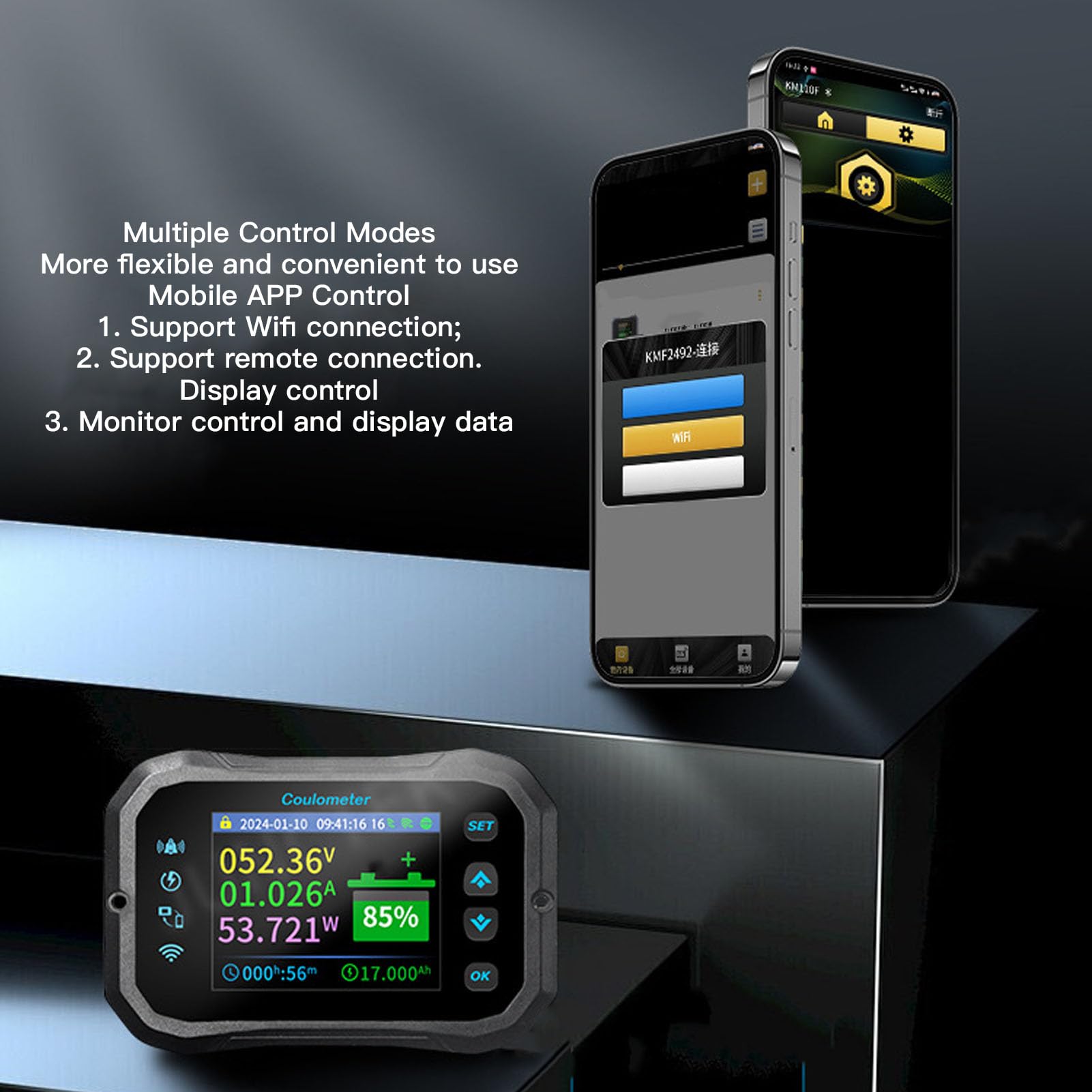 Monitor Batteria Wifi 400A, Digitale Coulometro 10-100V Misuratore Remoto Della Capacità E Della Tensione Della Batteria Tramite APP, LCD A Colori da 2,4", per Camper, Roulotte E Auto da Campeggio
