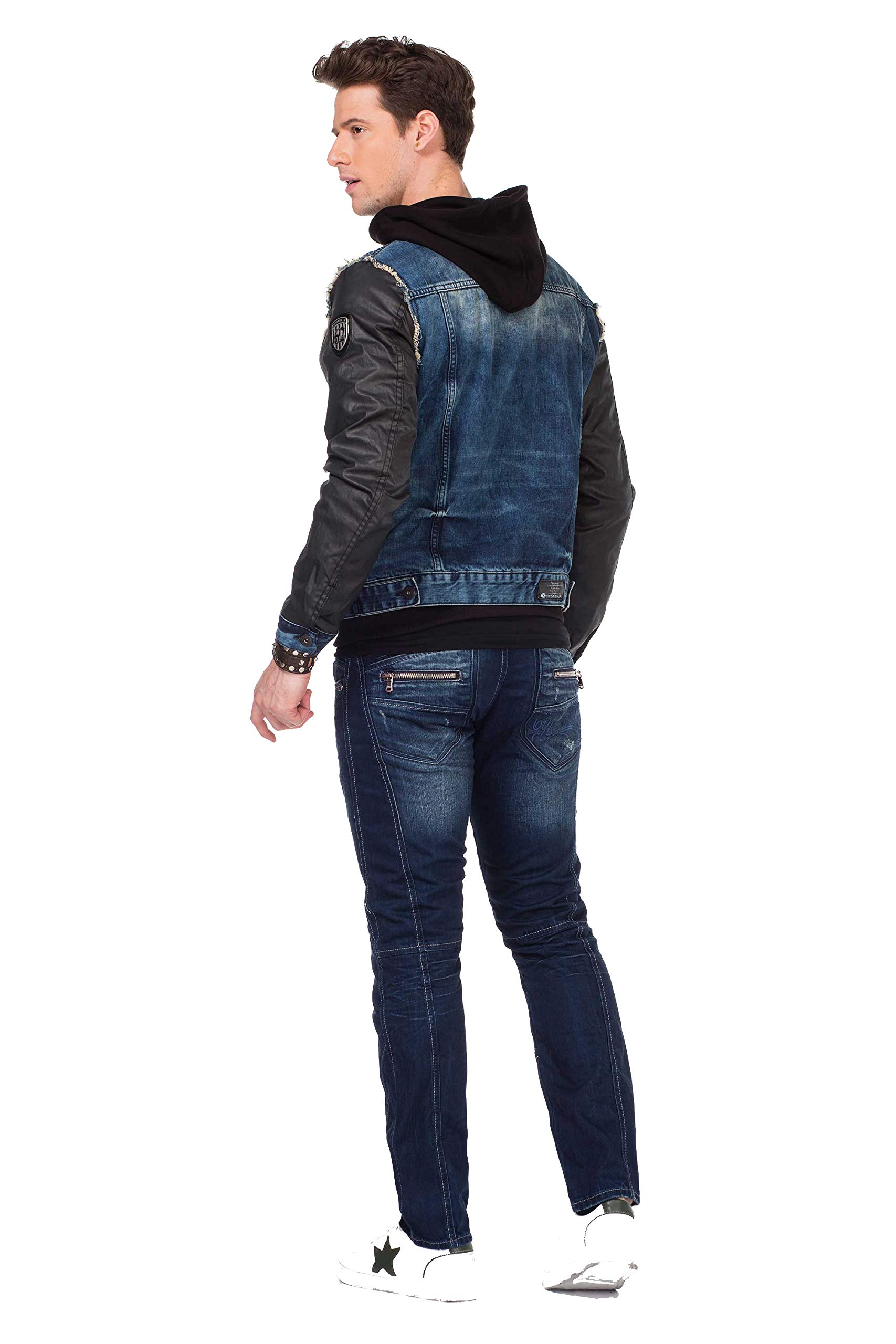 Cipo & Baxx Chaqueta vaquera para hombre, chaqueta de entretiempo, capucha de diseño, manga de piel sintética, chaqueta vaquera con capucha