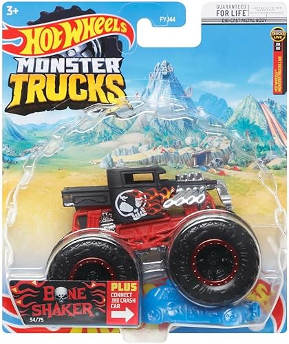 DieCast Hot Wheels Monster Trucks Bone Shaker negrorojo camión a escala 164 con Connect and Crash Car 3475
