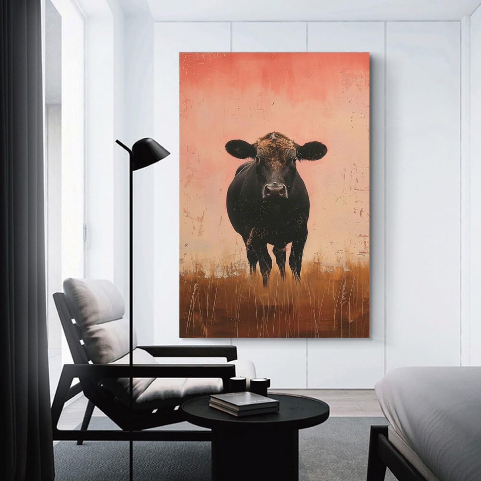 Junmoney Unframe-Style-2-1 Cow In Pastel Field Decorative Wall Artwork, 08X12inch(20X30cm), For Corridors, Hallways Or Apartment Entries, Home Artwork For First Impressions