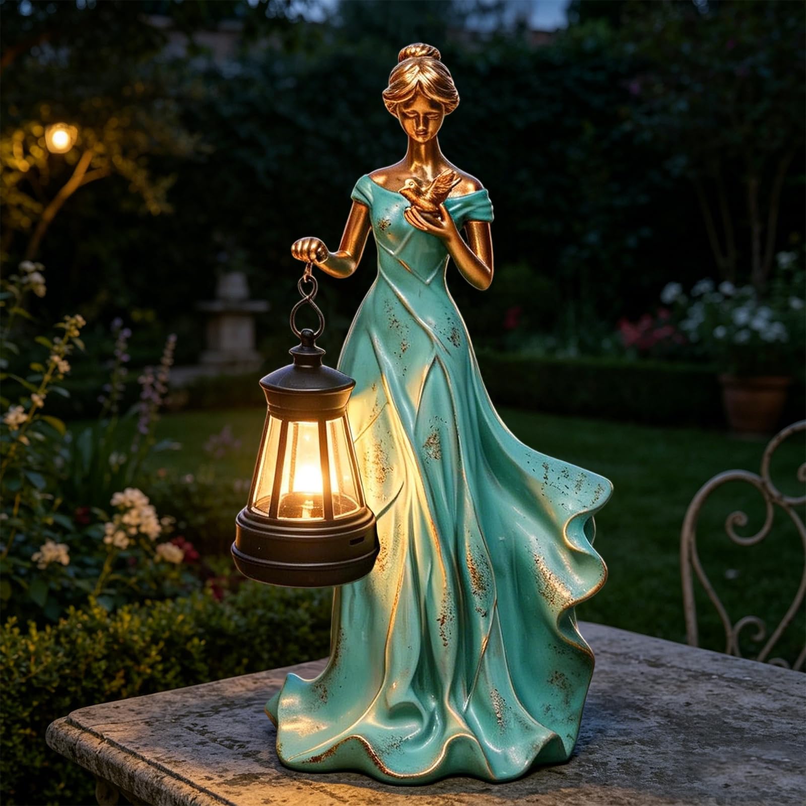 Statuette da giardino fatato per esterni, foglie e angelo, statue con lanterna solare e uccello, decorazione rustica per la casa esterna, patio, balcone, cortile, arte, prato, ornamenti per