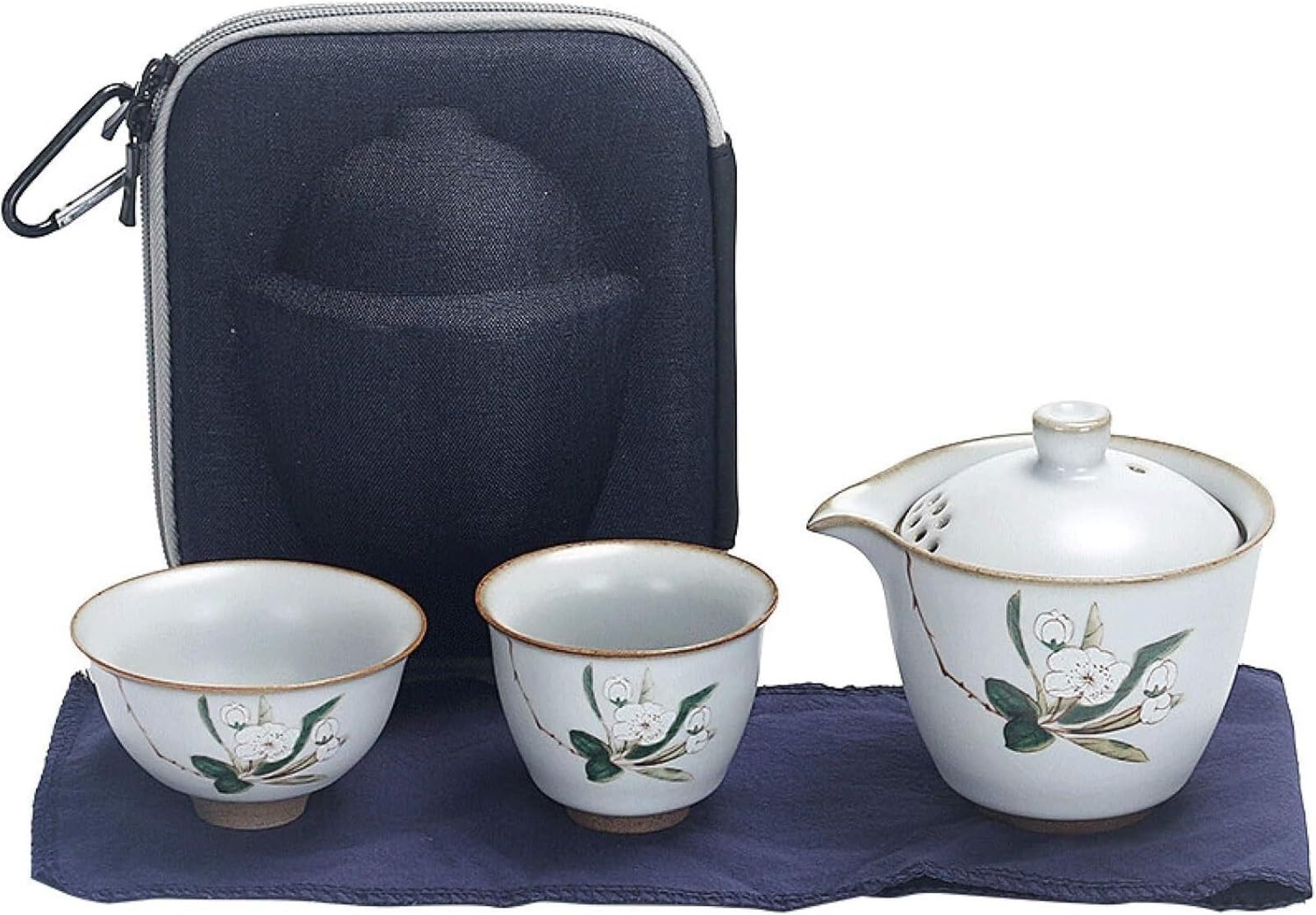 Juego de té portátil de cerámica china for viaje: juego de té de porcelana blanca con tetera, 2 tazas, bolsa de viaje y paño de cocina.