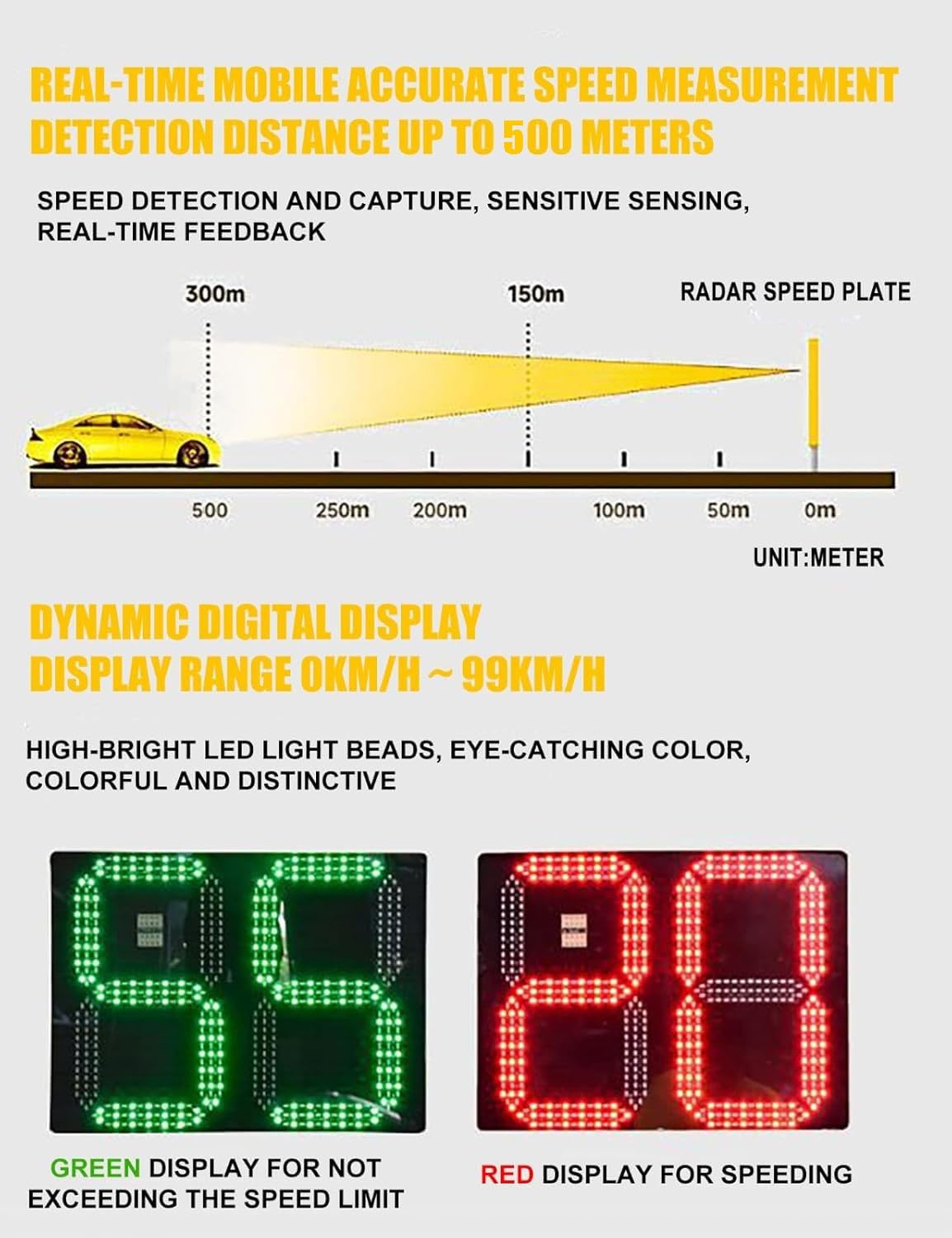 50x70cm/60x90cm Señal trafico Radar Control Velocidad, Energía solar LED Intermitente Cartel Control Velocidad Indicador de velocidad, Kilometraje/Millas Ajustables