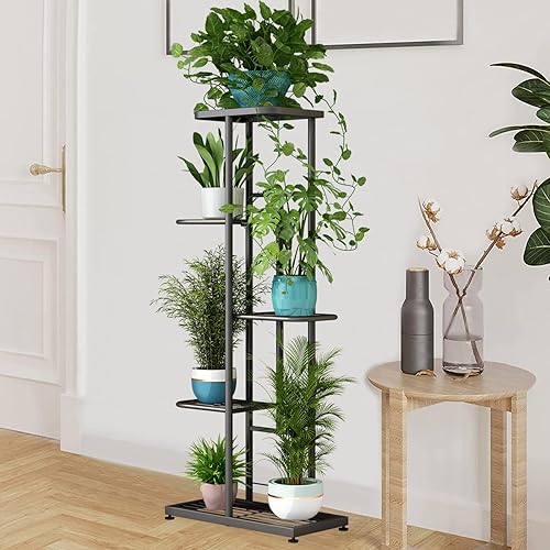 Miniatura 4 de LINZINAR Soporte de metal para plantas de 5 niveles y 6 macetas, estante múltiple para macetas para interiores y exteriores, estantería para patio,