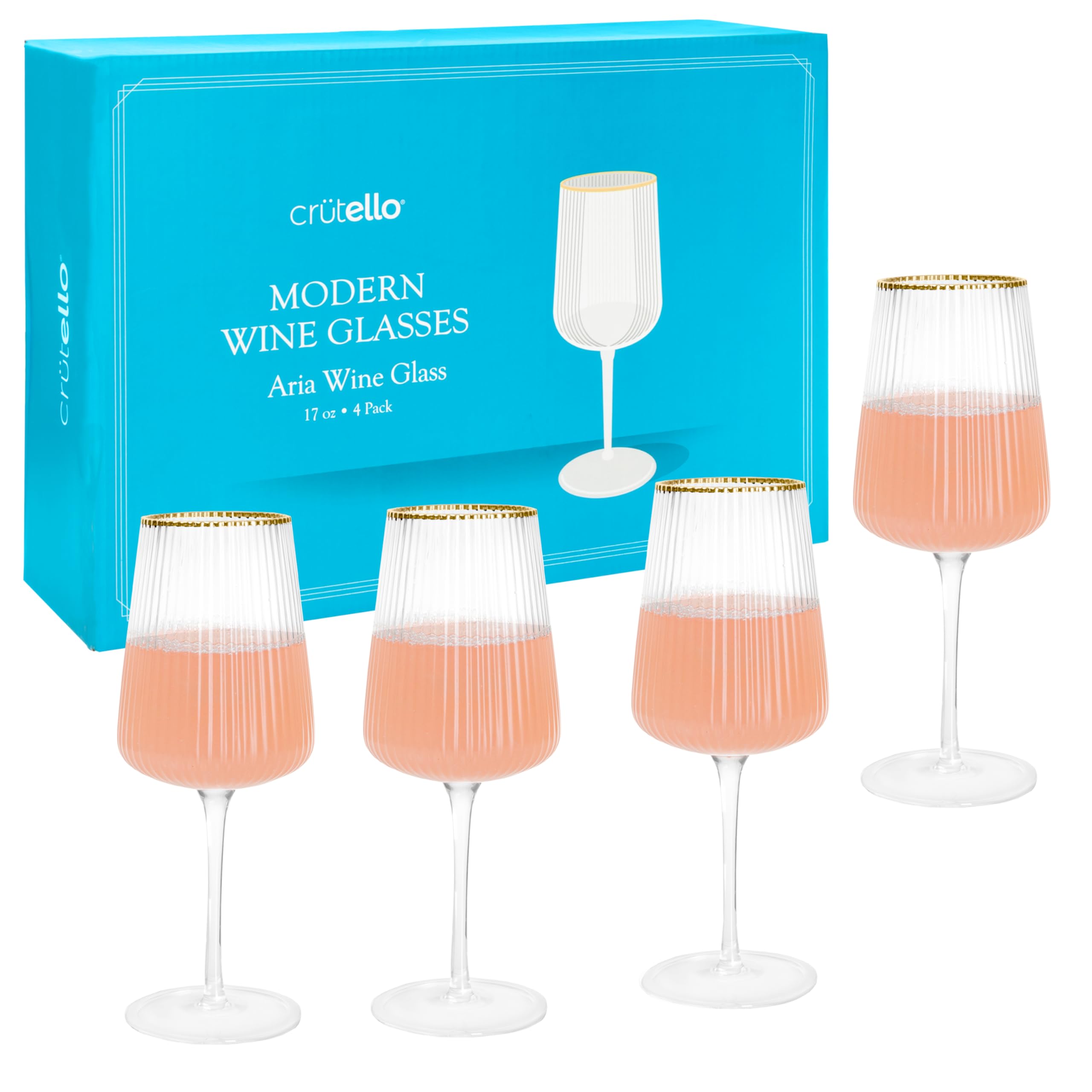 Crutello Moderne Weingläser, einzigartige geriffelte Glaswaren mit gerippter Vintage-Glaswarenstruktur und Goldrand, Art-Deco-Rot- oder ausgefallene Weißweingläser, 482 ml, 4 Stück Küche, Haushalt & Wohnen