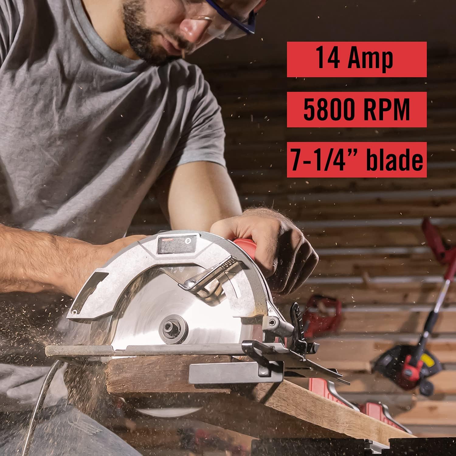 PowerSmart 14 Amp 7-1/4 Inch Large Circular Saw, Corded Wood Saw Red
