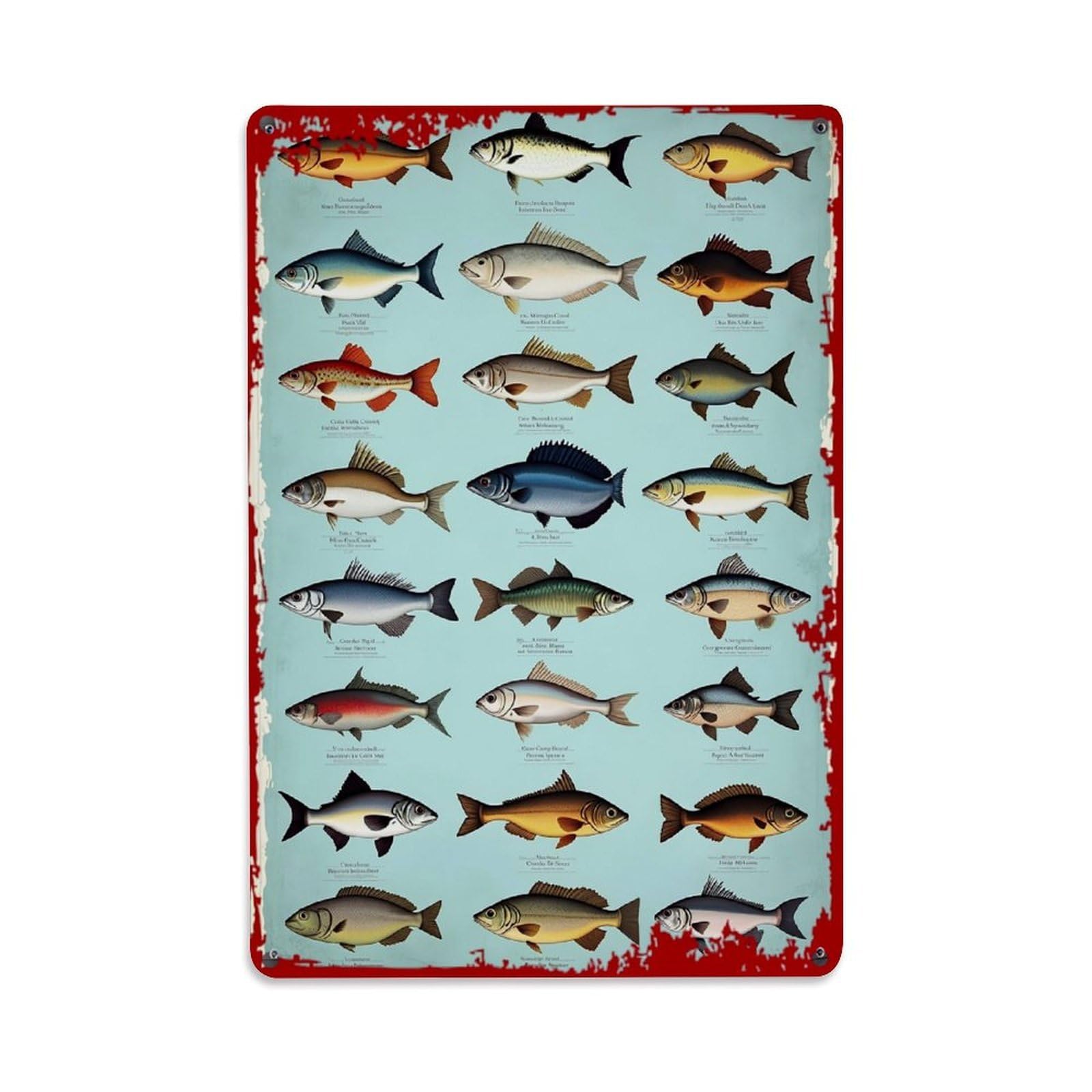 Fish Species Illustrated Chart Retro Metal Tin Sign, Vintage Decor Art Poster for Bar, Home, Man Cave, Kitchen, Laundry Room Gift 8x12Inch