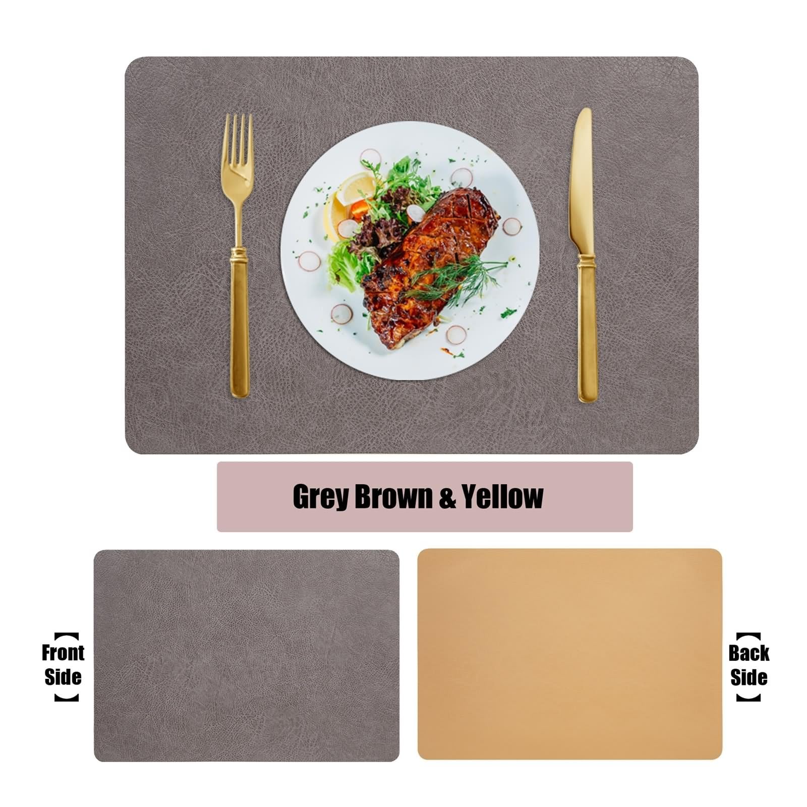 Set di 6 tovagliette all'americana, 30 x 43 cm, reversibili, tinta unita, in similpelle PVC, grigio, marrone, giallo
