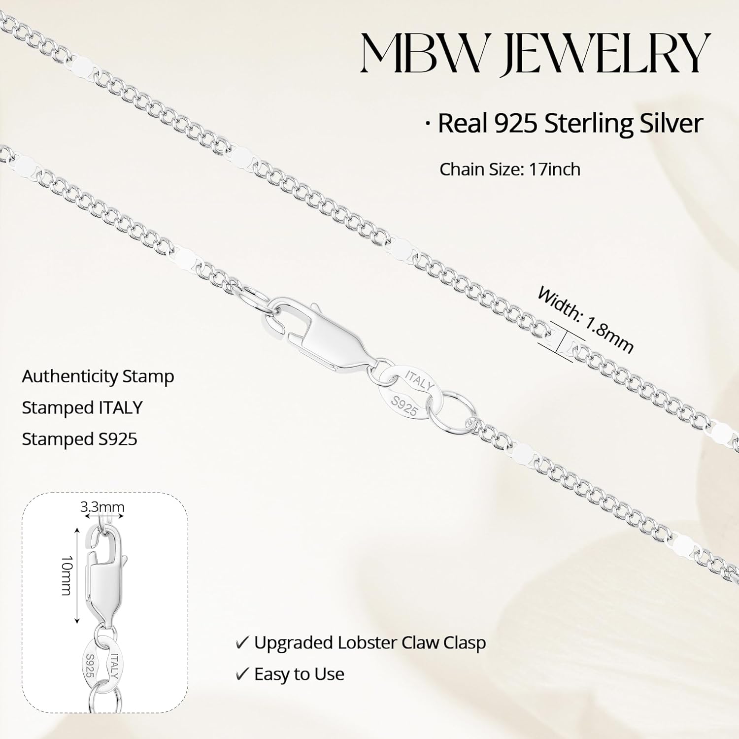 MBW 925 Sterling Silver Cuban Link Chain Necklace for Women, Waterproof Silver Cuban Link Chain Necklace Dainty Simple Jewelry Gifts for Women 16/17/18/20/22 Inch - Image 2