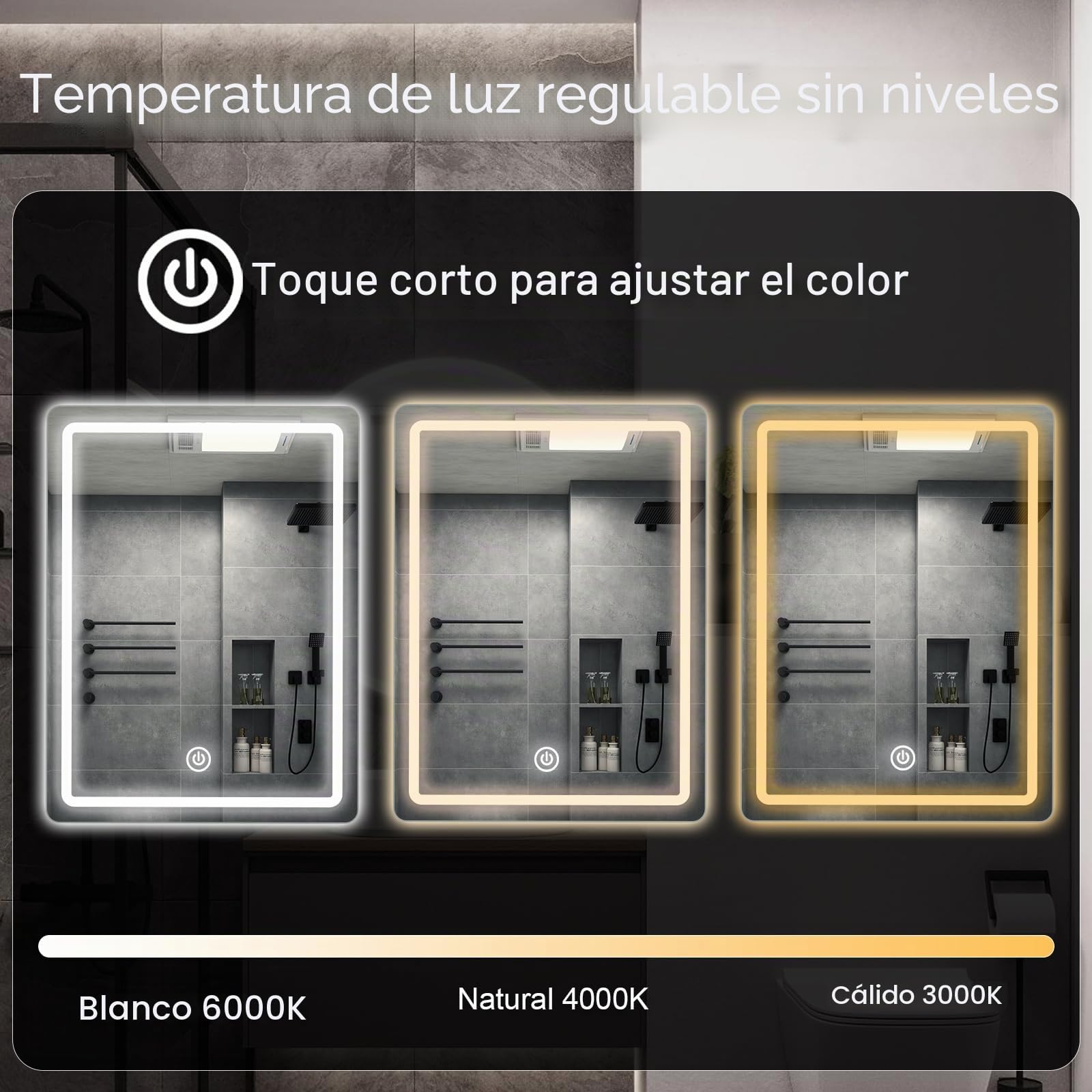 Espejo de Pared para baño, Espejo de baño con iluminación, Espejo con luz LED, Interruptor táctil y 3 Colores Regulables (60 L x 45 B)