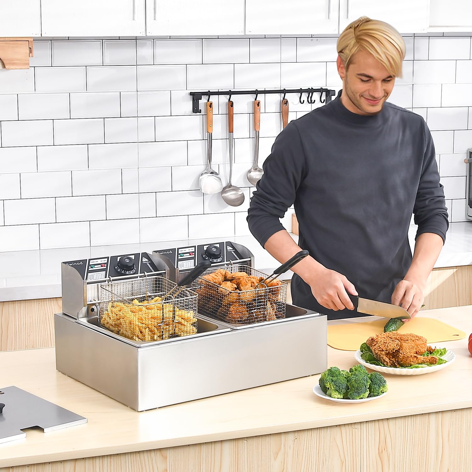 Commercial Deep Fryer with Baskets, 3400W 12.7QT/12L Thickened Stainless Steel Countertop Electric Oil Fryer, Large Capacity with Temperature Control