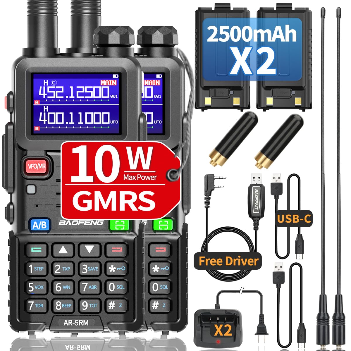 Ham Radio 5RM 10W BaoFeng Radio Handheld Long Range AR-5RM Two Way Radio GMRS NOAA Weather Radio Rechargeable UV-5R Walkie Talkies, Copy Frequency 999CH with Type C Charging 2500mAh Battery (2 Pack)