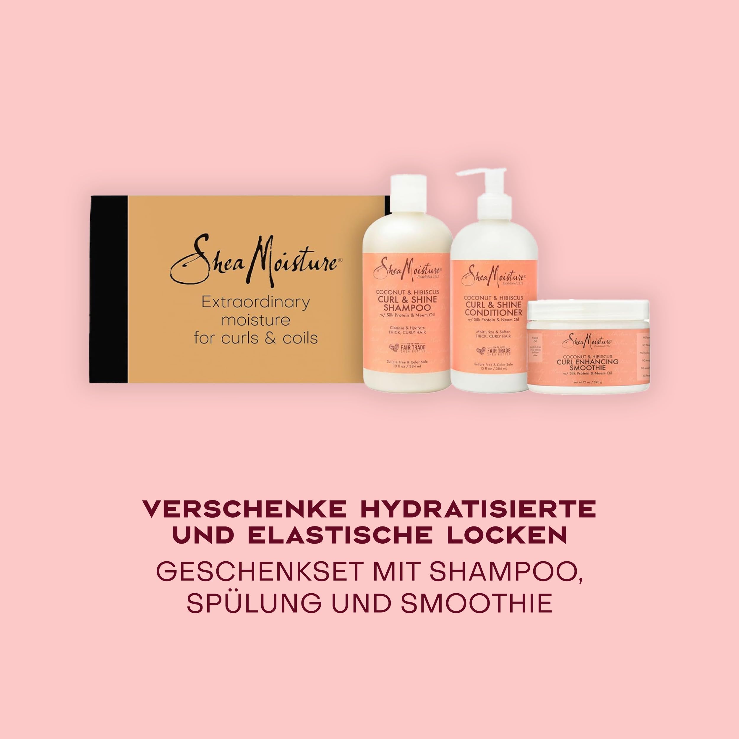 SheaMoisture Geschenkset Curl & Shine, Mit Shampoo, Conditioner und Leave-In-Creme, Bei Lockigem und Krausem Haar, Feuchtigkeit & Anti-Frizz-Effekt, Mit Kokosöl und Hibiskus, 384 ml + 384 ml + 326 ml | Mit Shampoo, Conditioner und Leave-In-Creme, Bei Lock