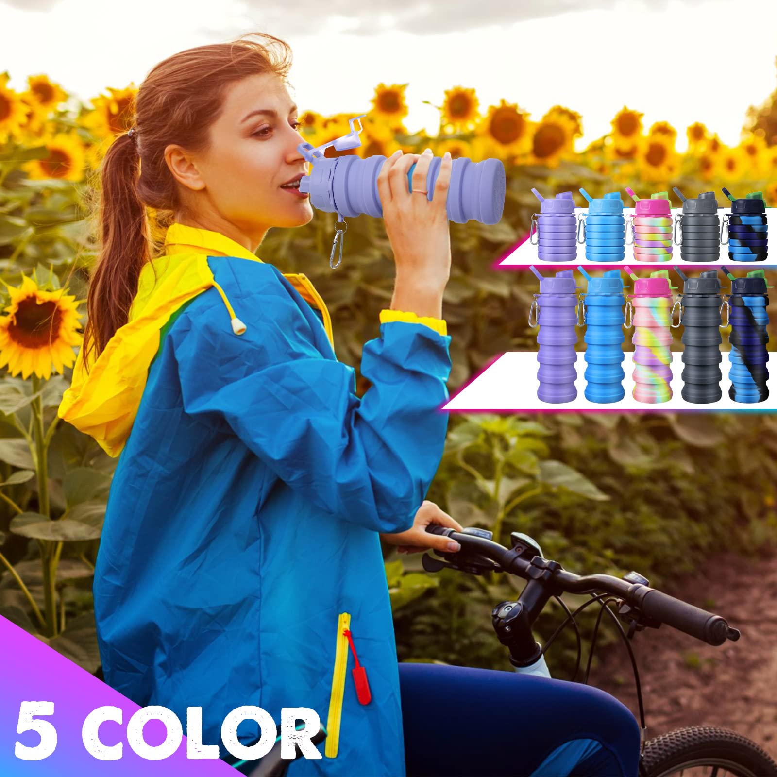 CHENGU Lot de 5 bouteilles d'eau pliables en silicone anti-fuite, réutilisables avec clip en métal pour camping, randonnée, voyage - 473 ml - Colorées