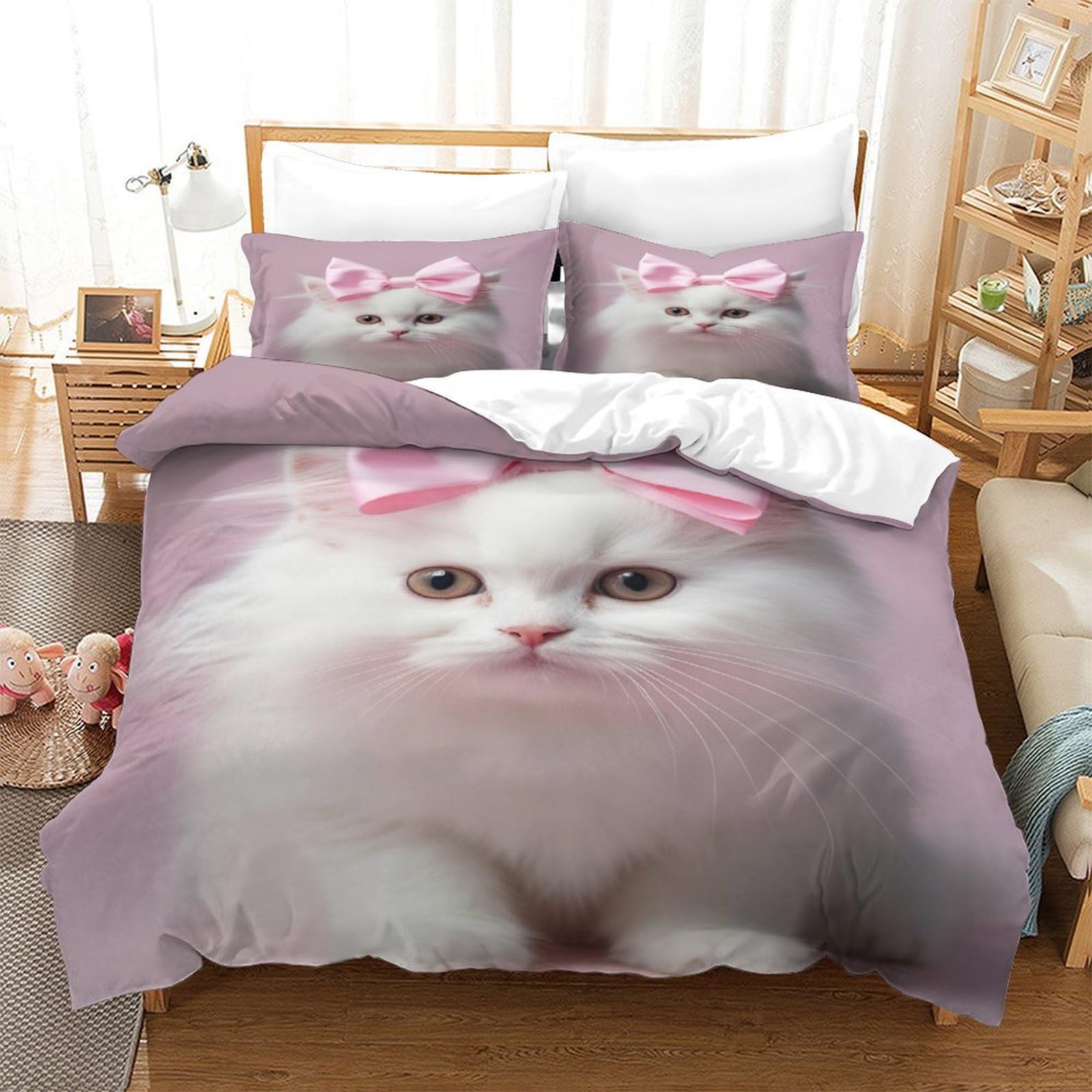 P1S9U7W5Y Adorable Pink Bow Cat 3D Printed Duvet Cover Set 3 Pieces Microfiber Bedroom Decor Cat Bedding Set for Adults Teens, Soft All Seasons Gift Double（200x200cm）